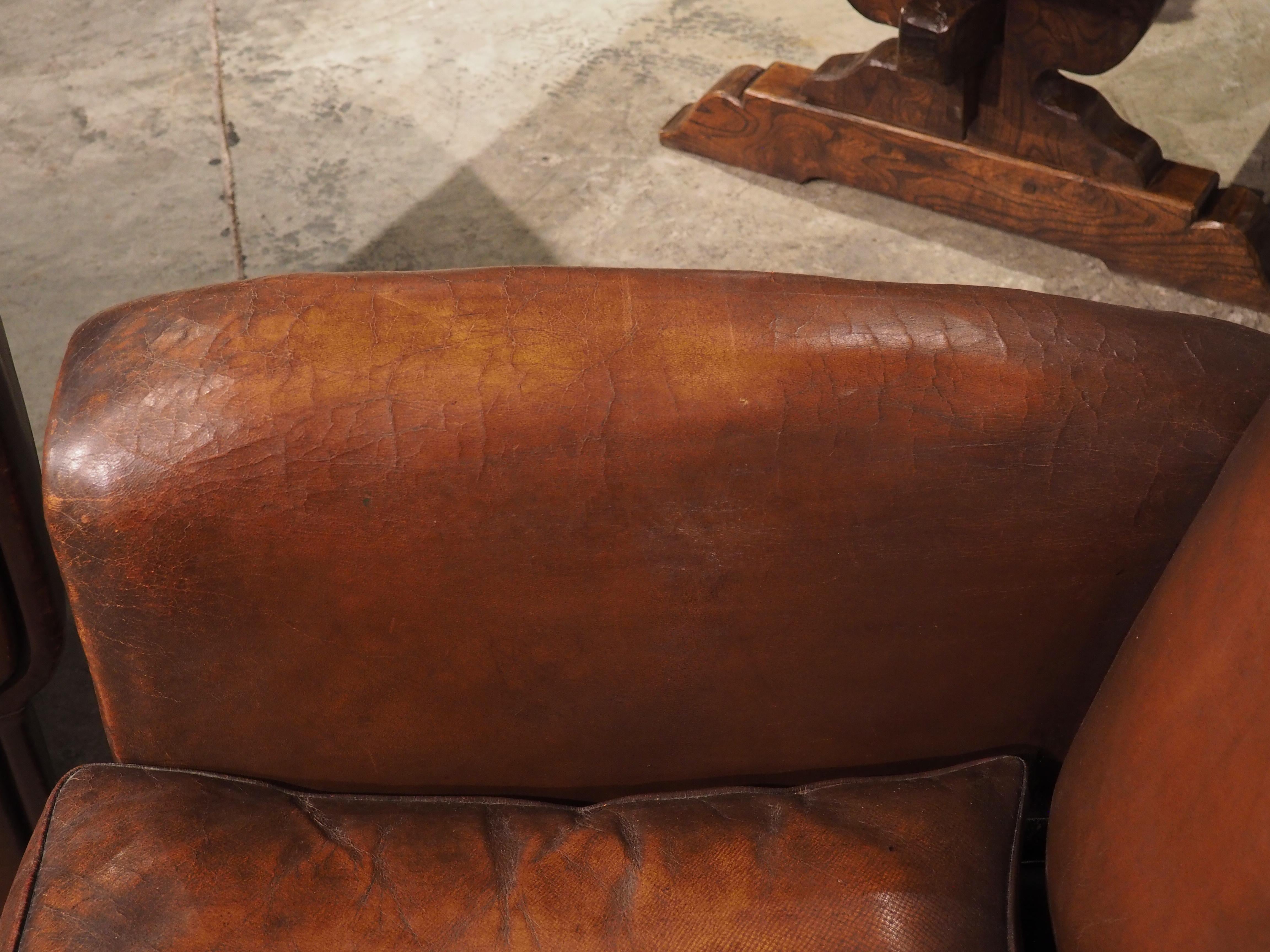 Pair of Large French Art Deco Leather Club Chairs, circa 1930s 3