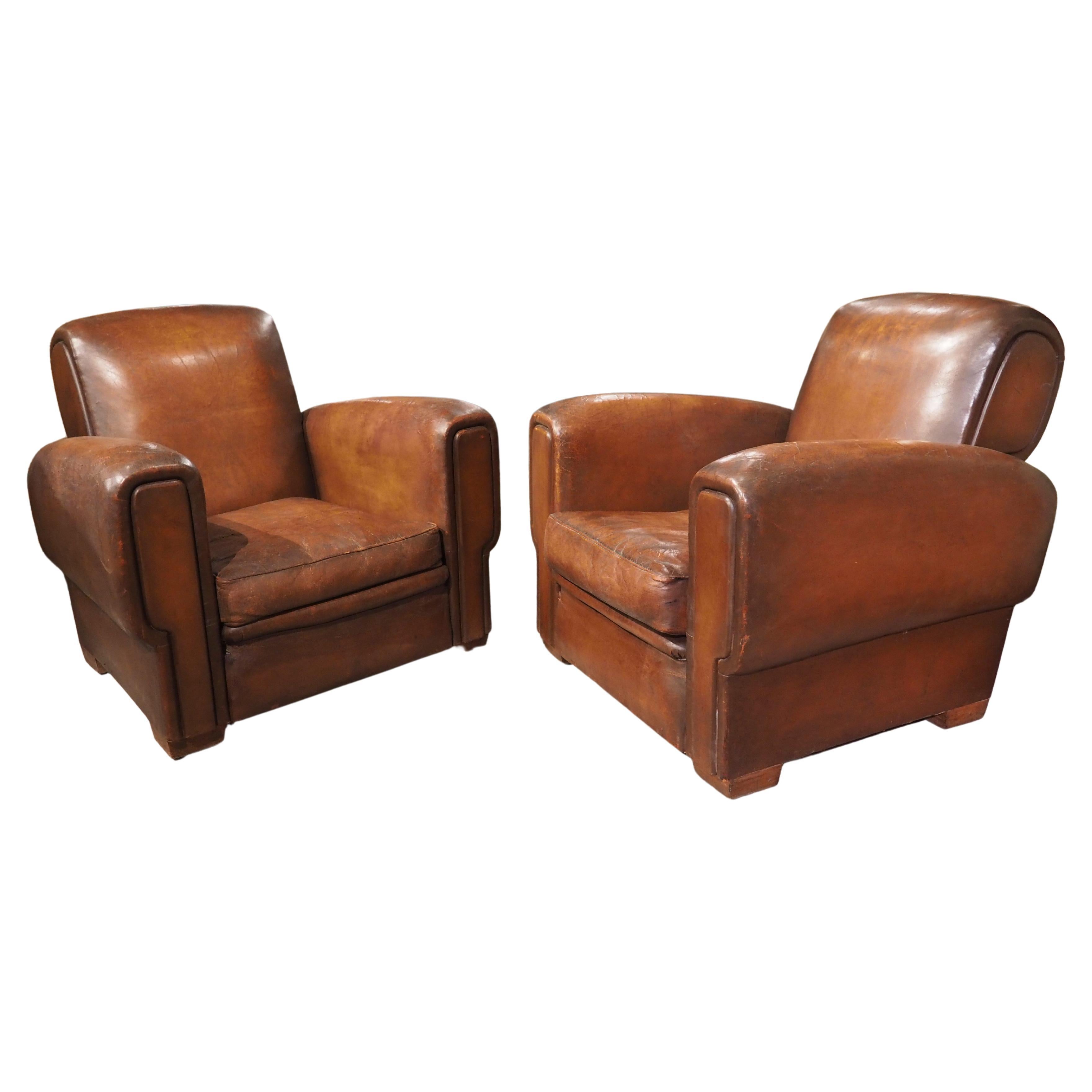 Pair of Large French Art Deco Leather Club Chairs, circa 1930s