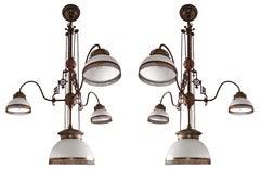 Pair of Large French Art Deco Opaline Glass Chandeliers in Brass Trims & Chains