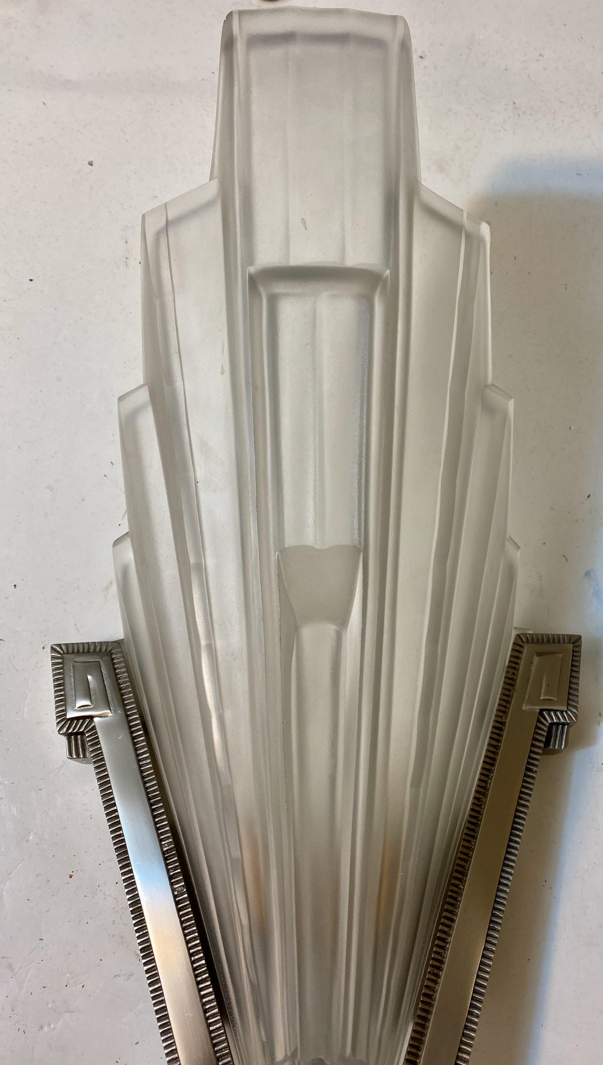 Pair of Large French Art Deco Skyscraper Sconces by Sabino In Good Condition For Sale In North Bergen, NJ