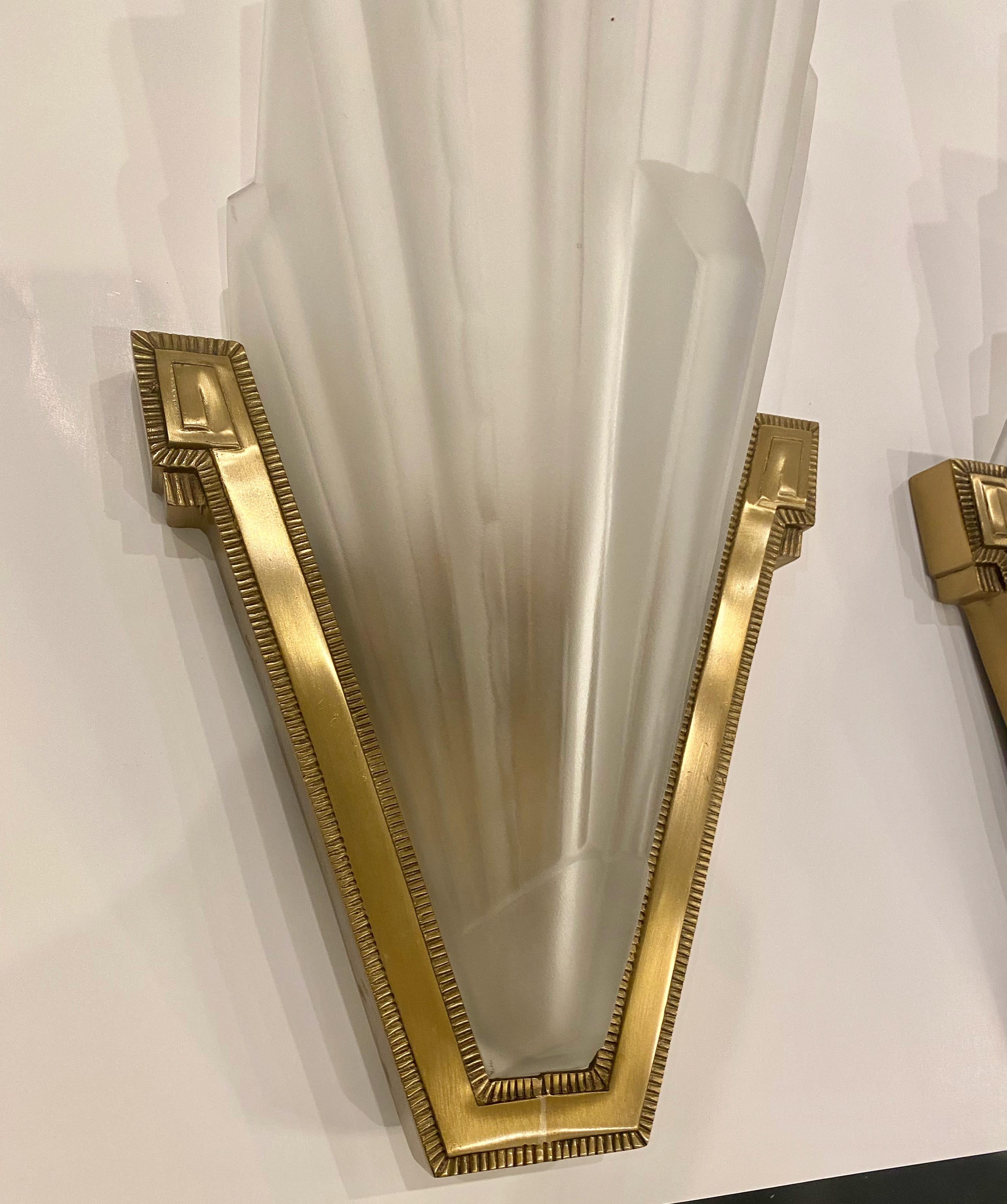 Glass Pair of Large French Art Deco Skyscraper Sconces by Sabino For Sale