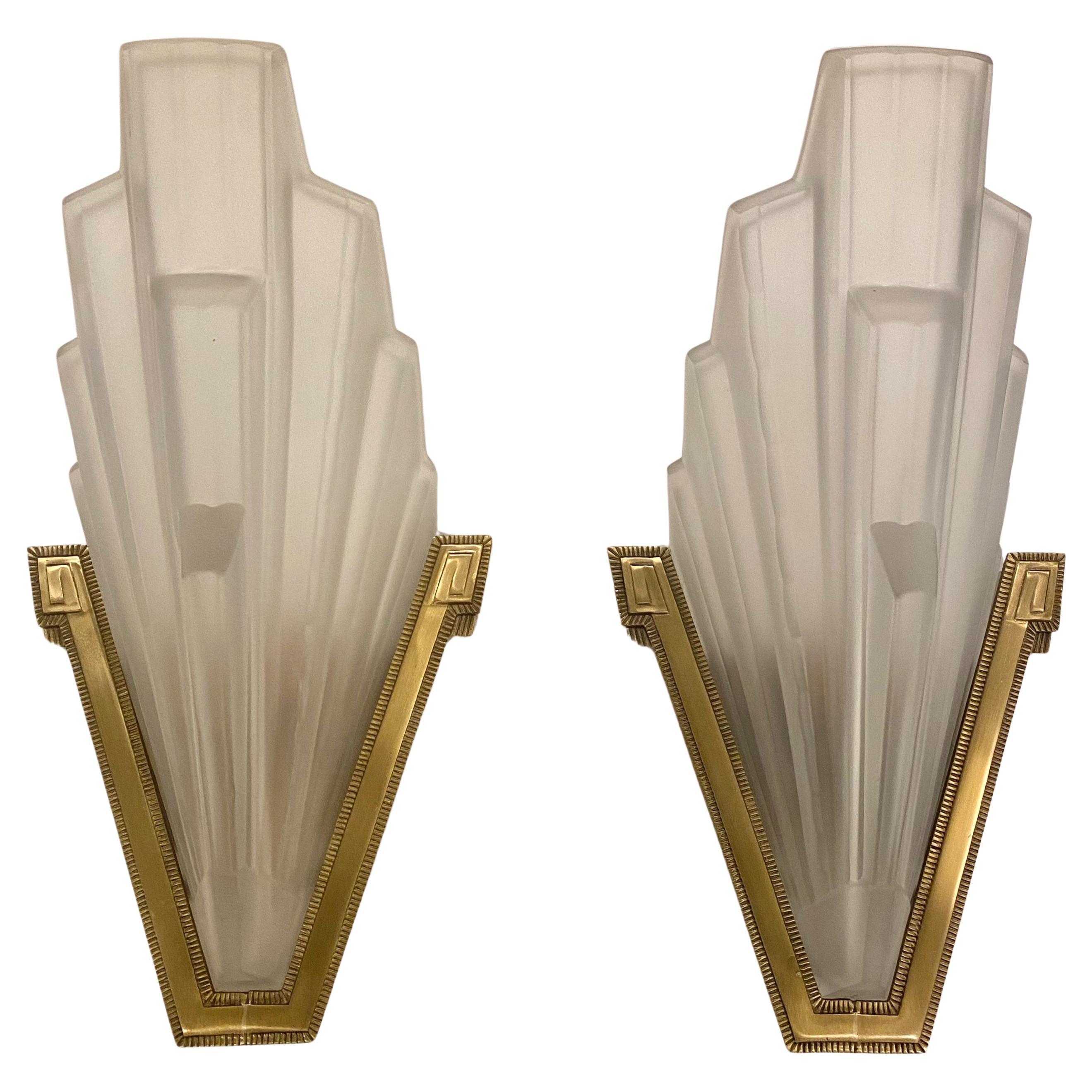 Pair of Large French Art Deco Skyscraper Sconces by Sabino For Sale