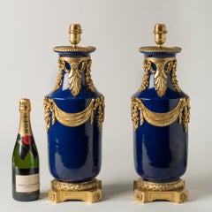 Pair of Large French Blue Porcelain Antique Lamps with Bronze Doré Mounts