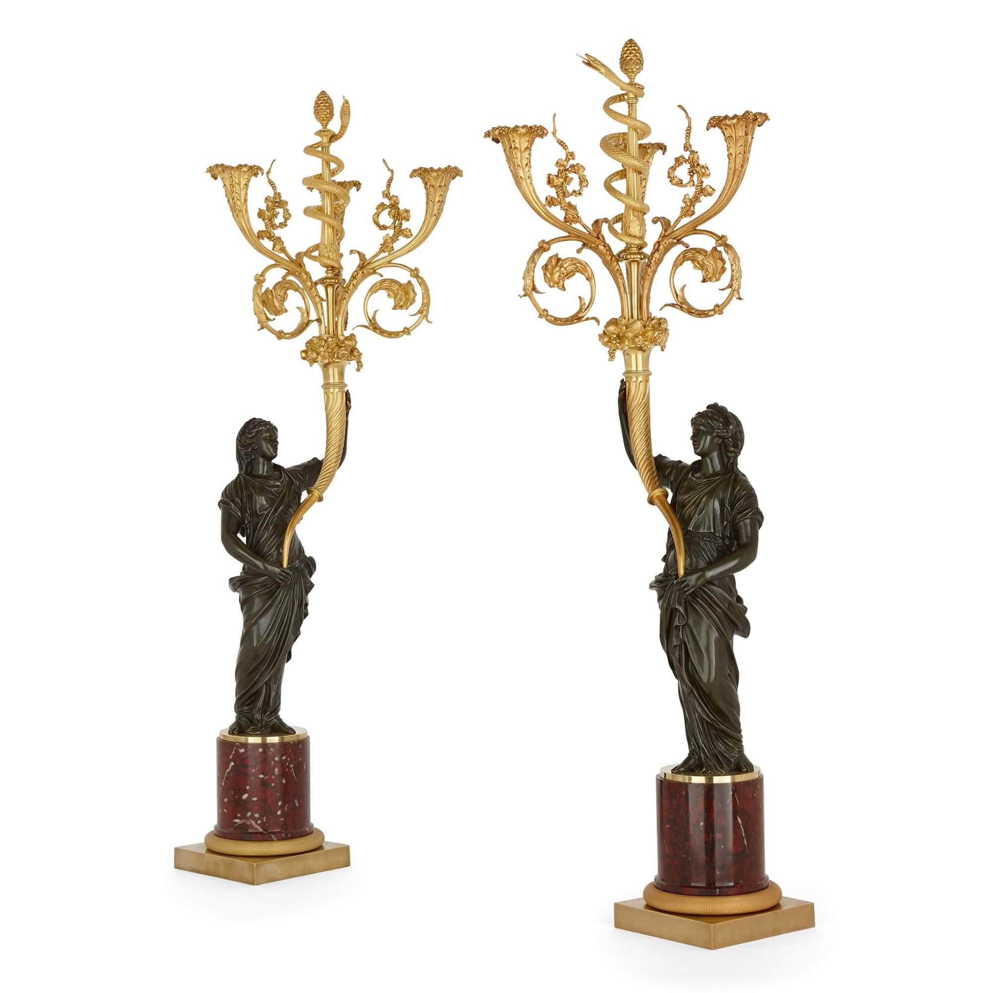 Neoclassical Pair of Large French Bronze and Gilt-Bronze Candelabra For Sale