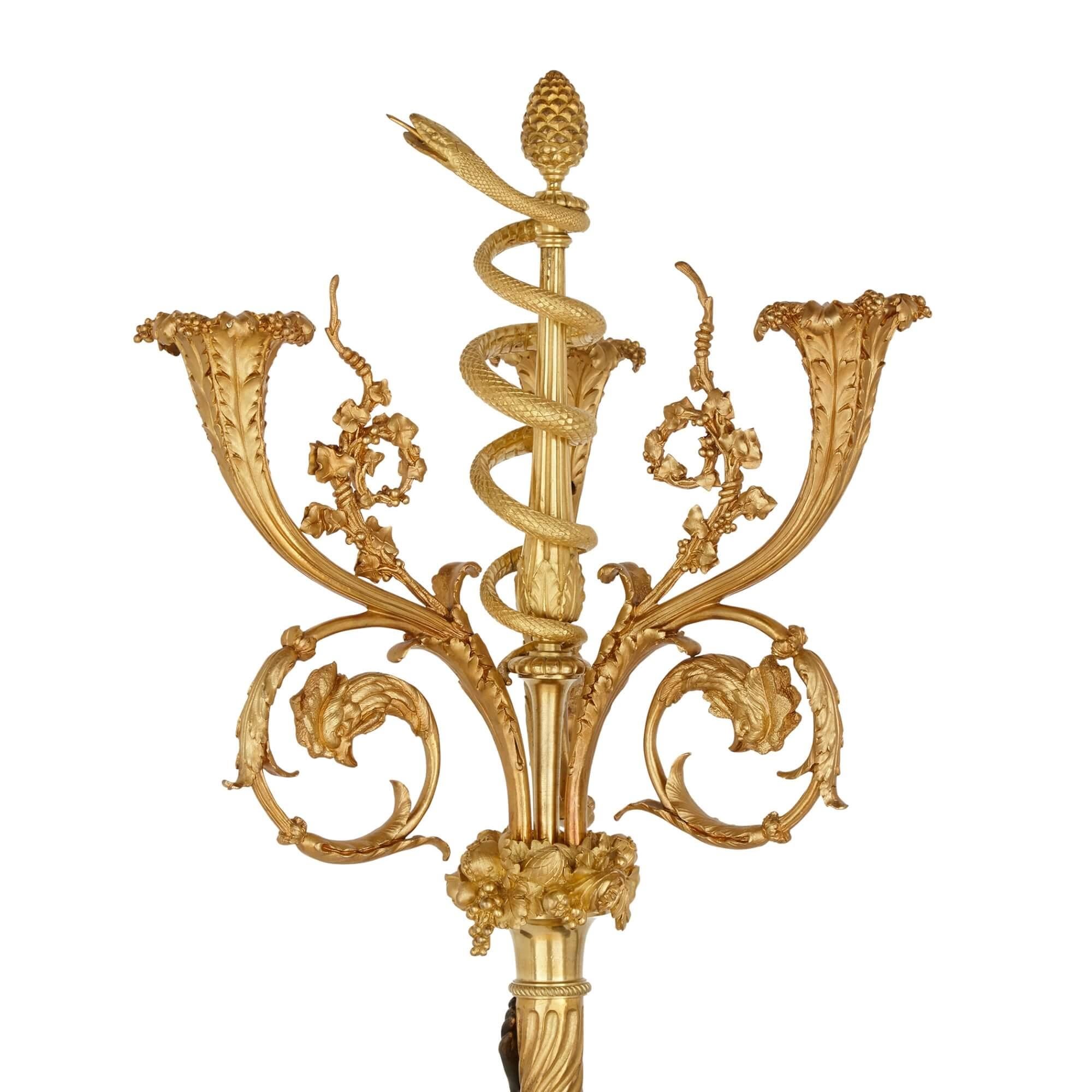 Pair of Large French Bronze and Gilt-Bronze Candelabra For Sale 1