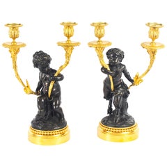 Antique Pair of Large French Bronze and Ormolu Two-Light Candelabra, 19th Century