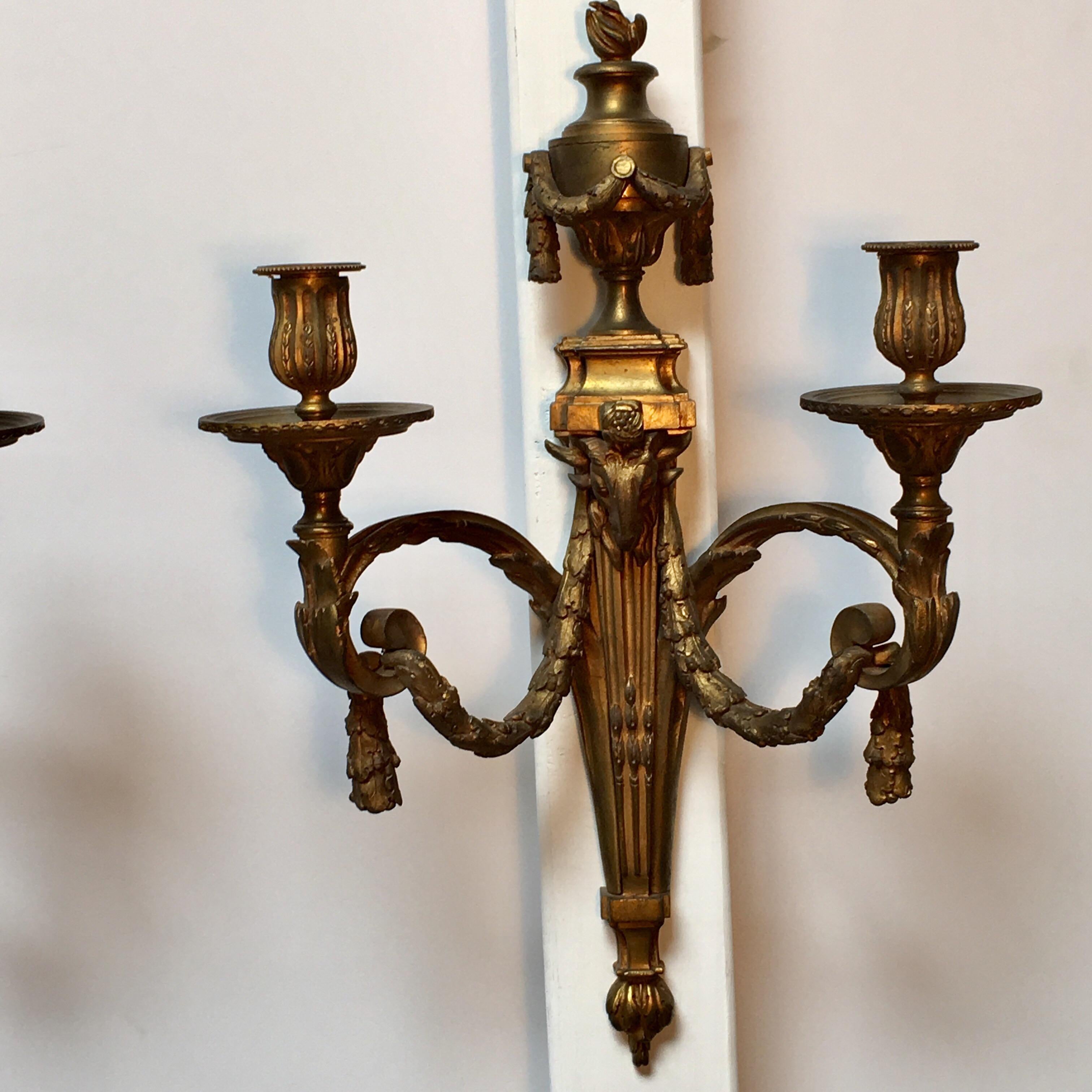 Cast Pair of  Large French Bronze Louis XVI Style Wall Sconces For Sale
