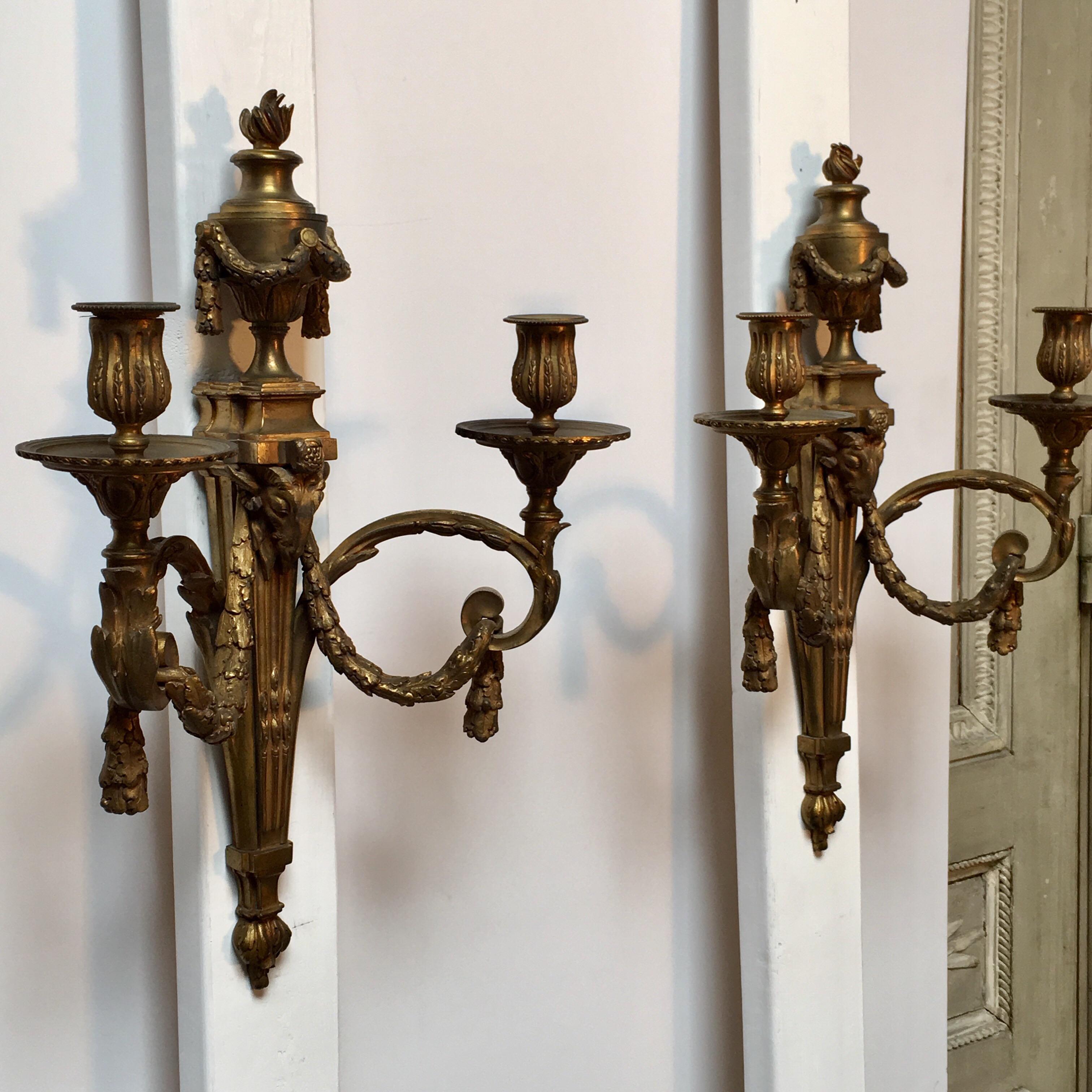 Pair of  Large French Bronze Louis XVI Style Wall Sconces In Good Condition For Sale In Dallas, TX