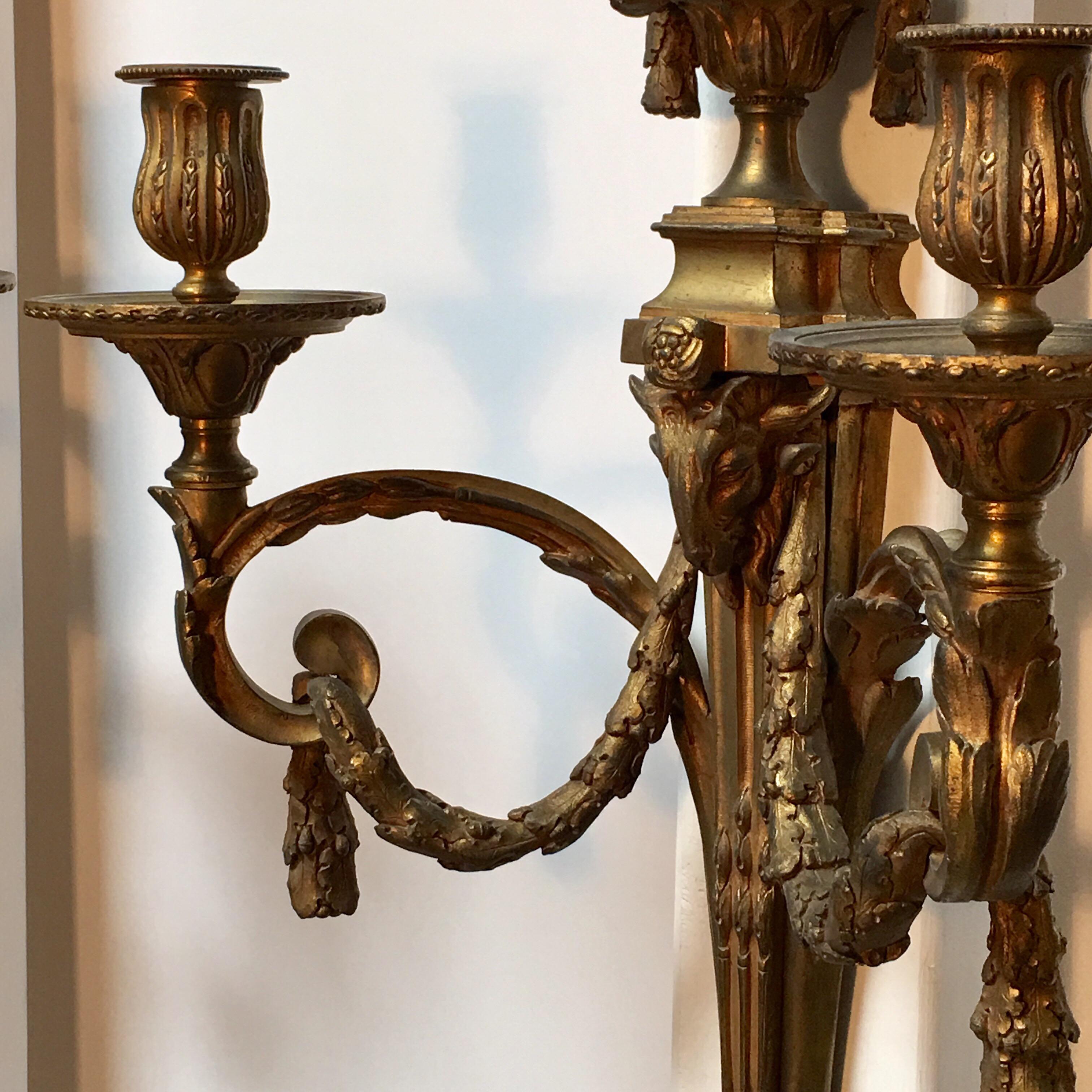 19th Century Pair of  Large French Bronze Louis XVI Style Wall Sconces For Sale