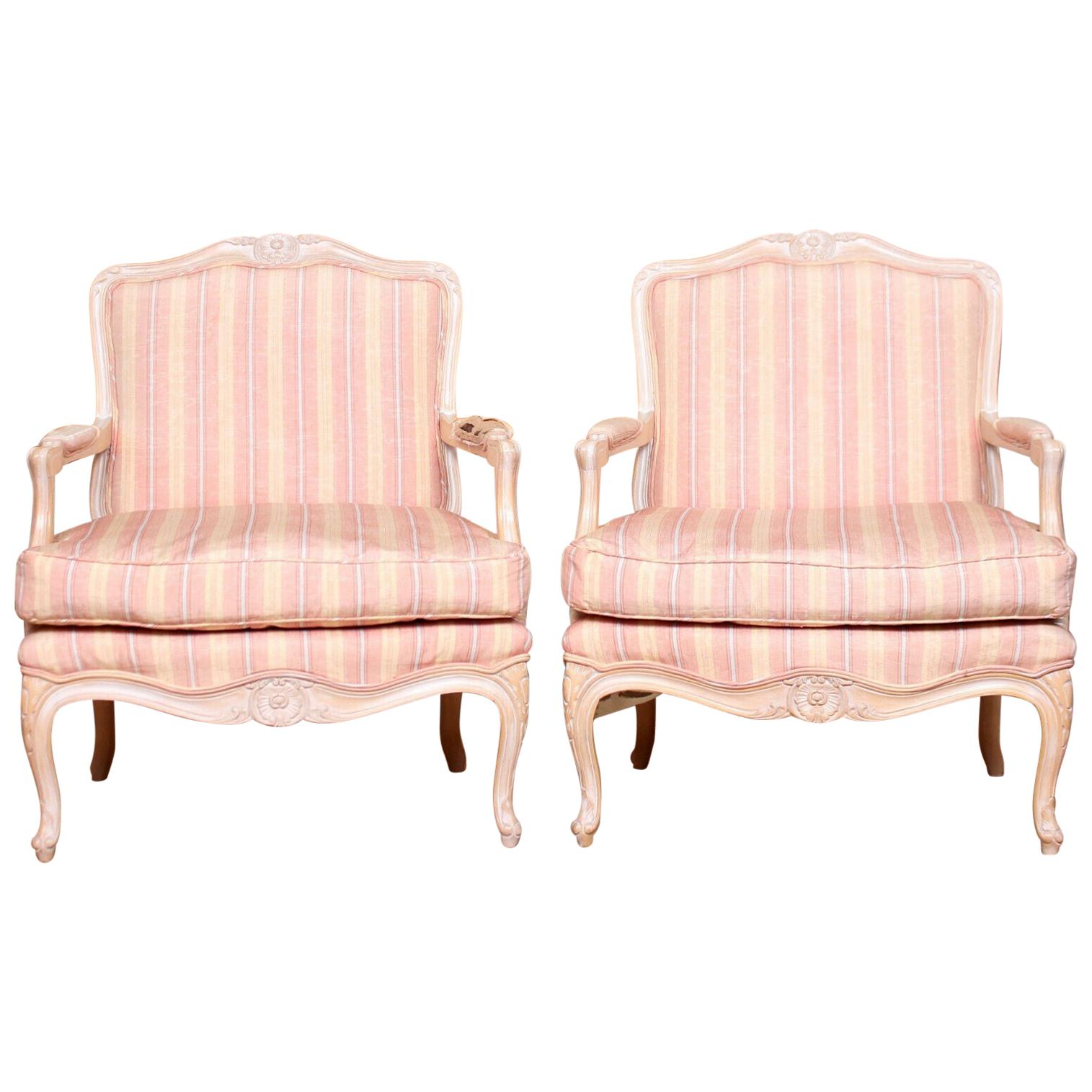 Pair of Large French Carved Limed Armchairs Tub Chairs Louis XV Style For Sale