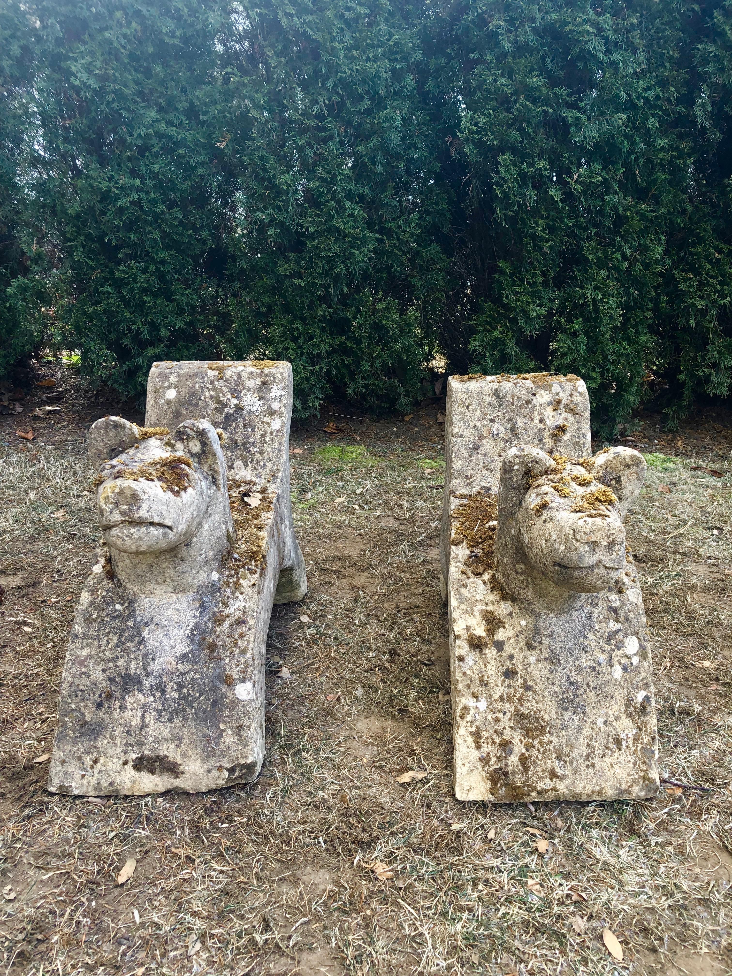 Definitely the most unique find of our most recent buying trip, these fabulous dog figures are hand carved from French limestone and sport an amazing weathered, lichened, and mossy patina. We bought two pairs and the other pair is listed as Stock #