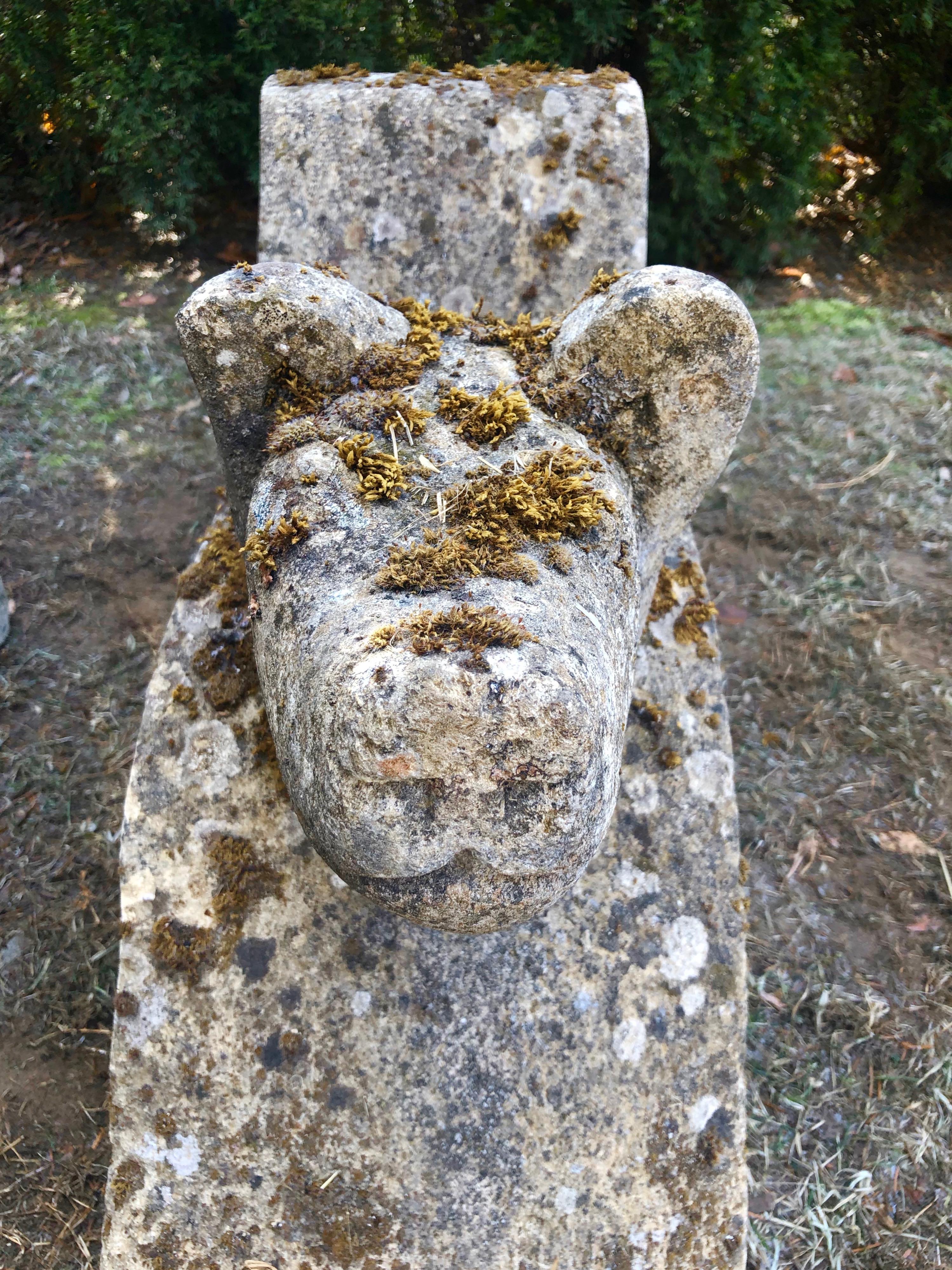 Pair of Large French Carved Limestone Dog Corbel-Like Figures #1 1