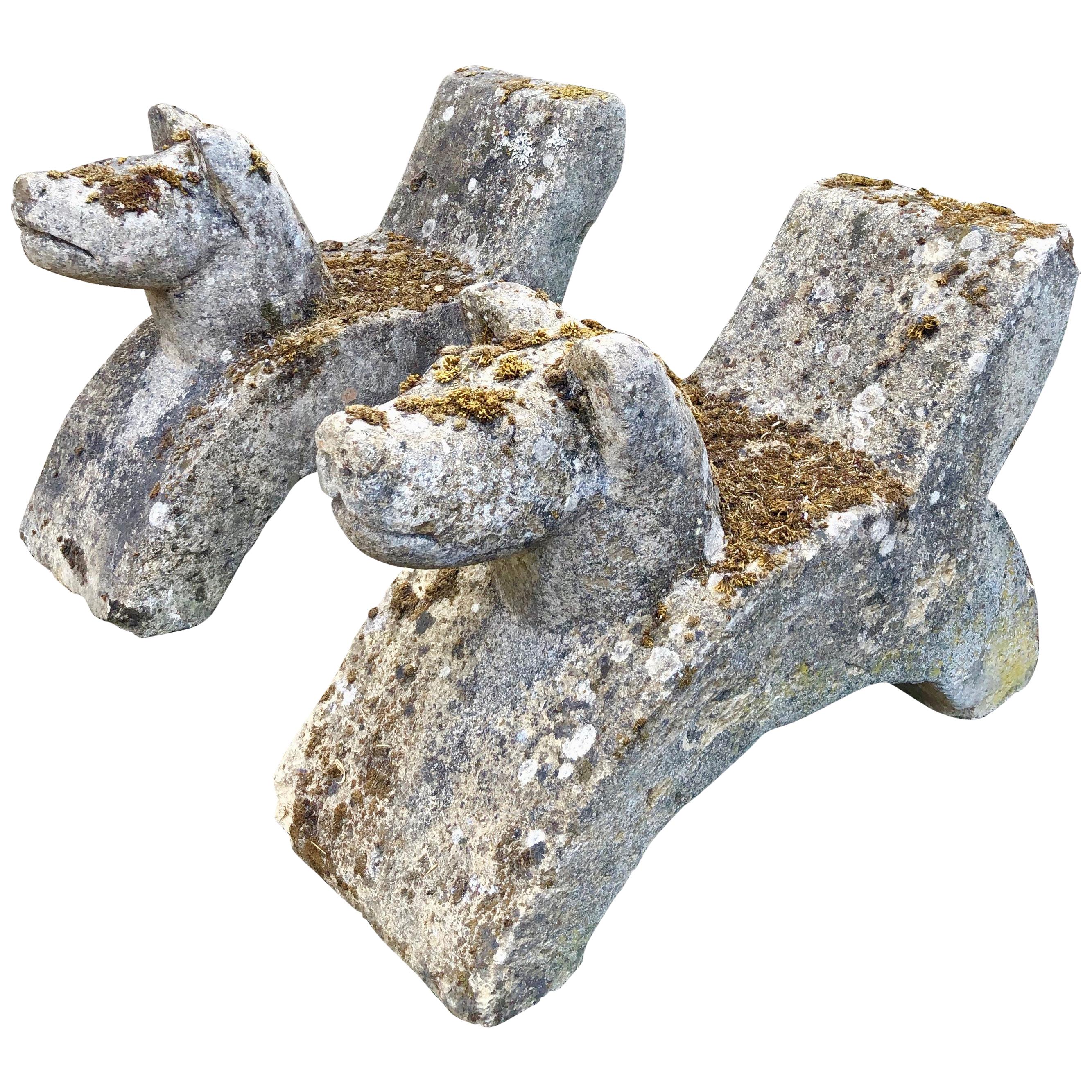 Pair of Large French Carved Limestone Dog Corbel-Like Figures #1