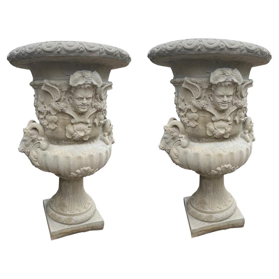 Pair of Large French Cast Garden Vases after the Models of Jean-Baptiste Pigalle For Sale