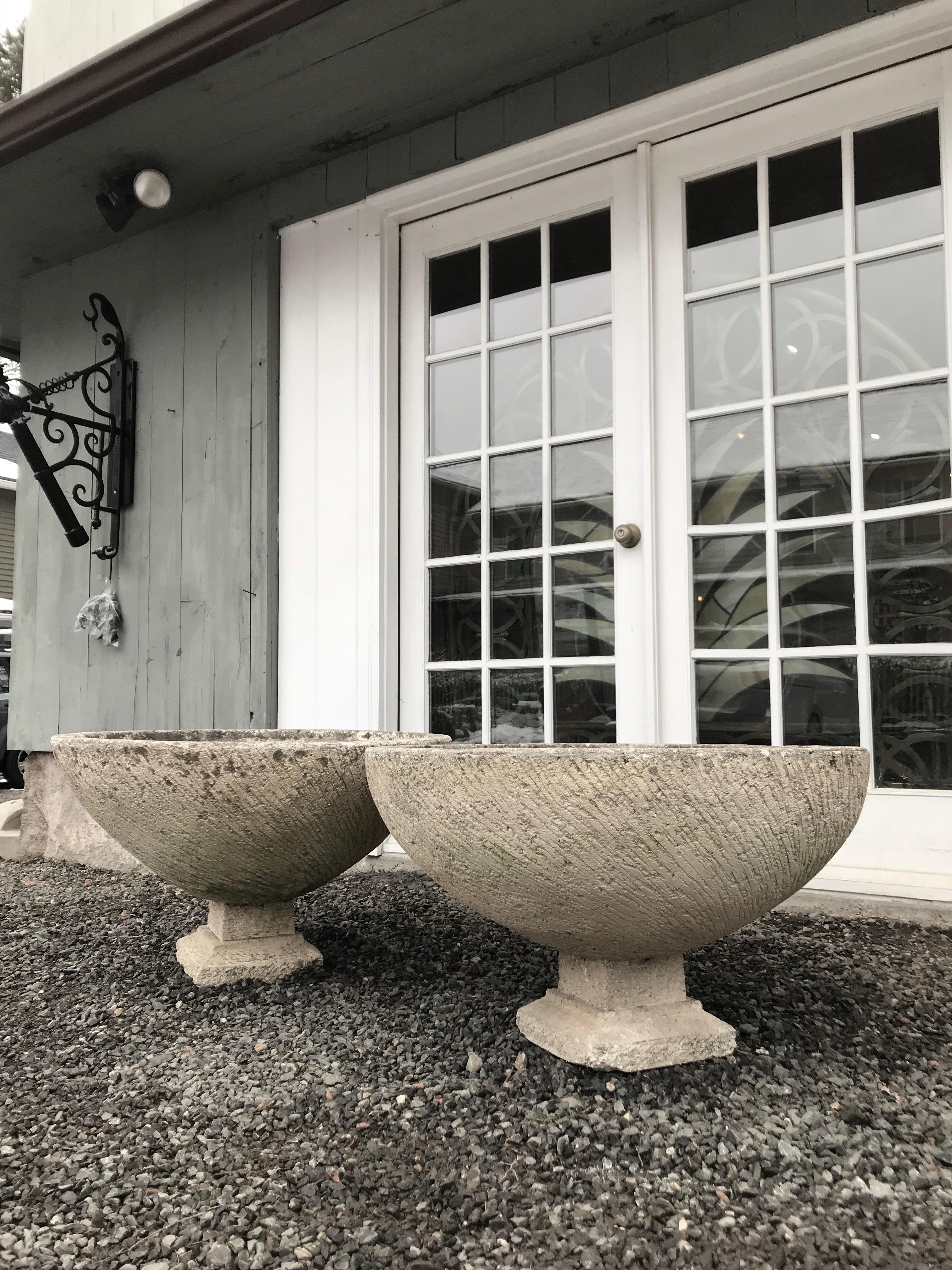 It’s rare that we find a set of 4 matching large bowl planters with integral feet, and these are simply stunning. However, due to their size, we have decided to split the set and make them available by the pair. Each has a large and deep planting