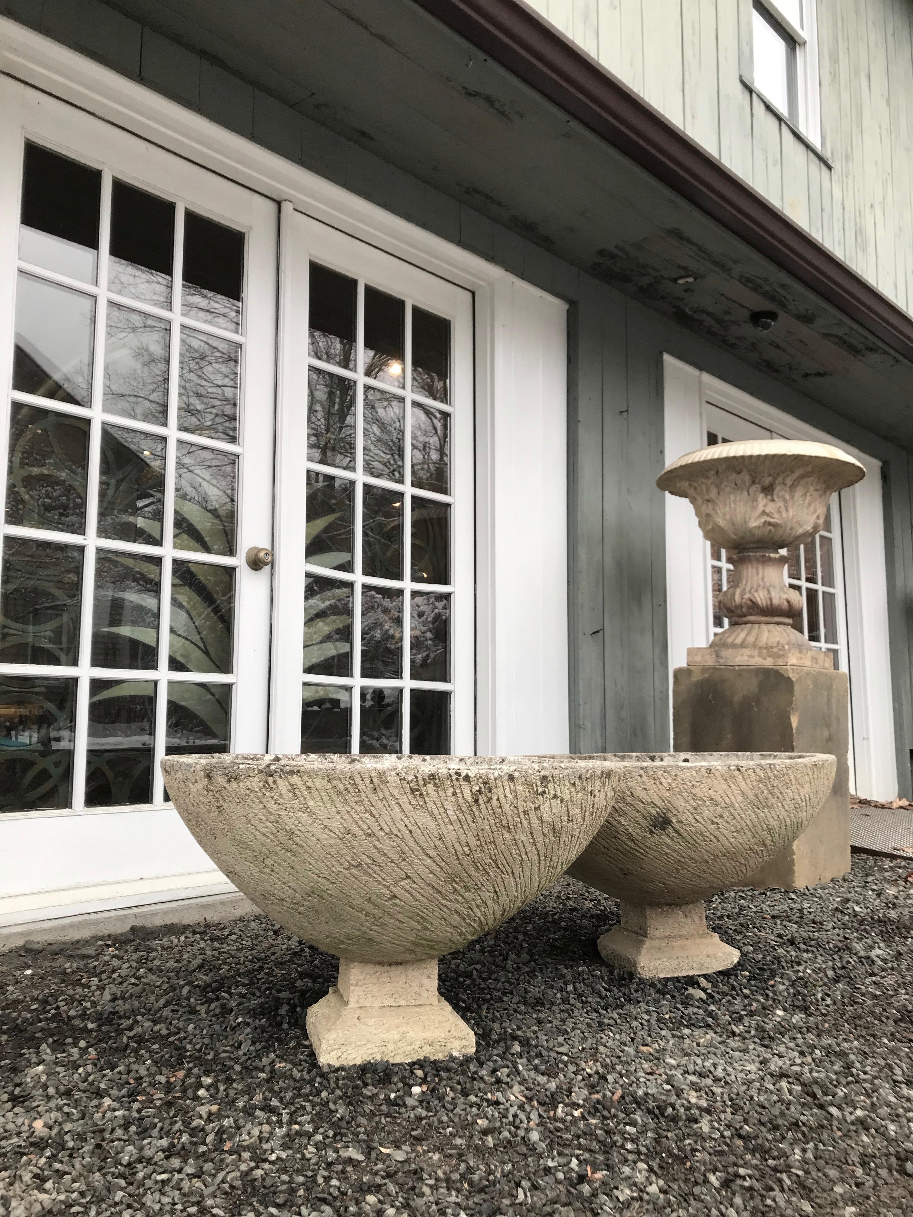 Mid-Century Modern Pair of Large French Cast Stone Bowl Planters on Integral Feet #2