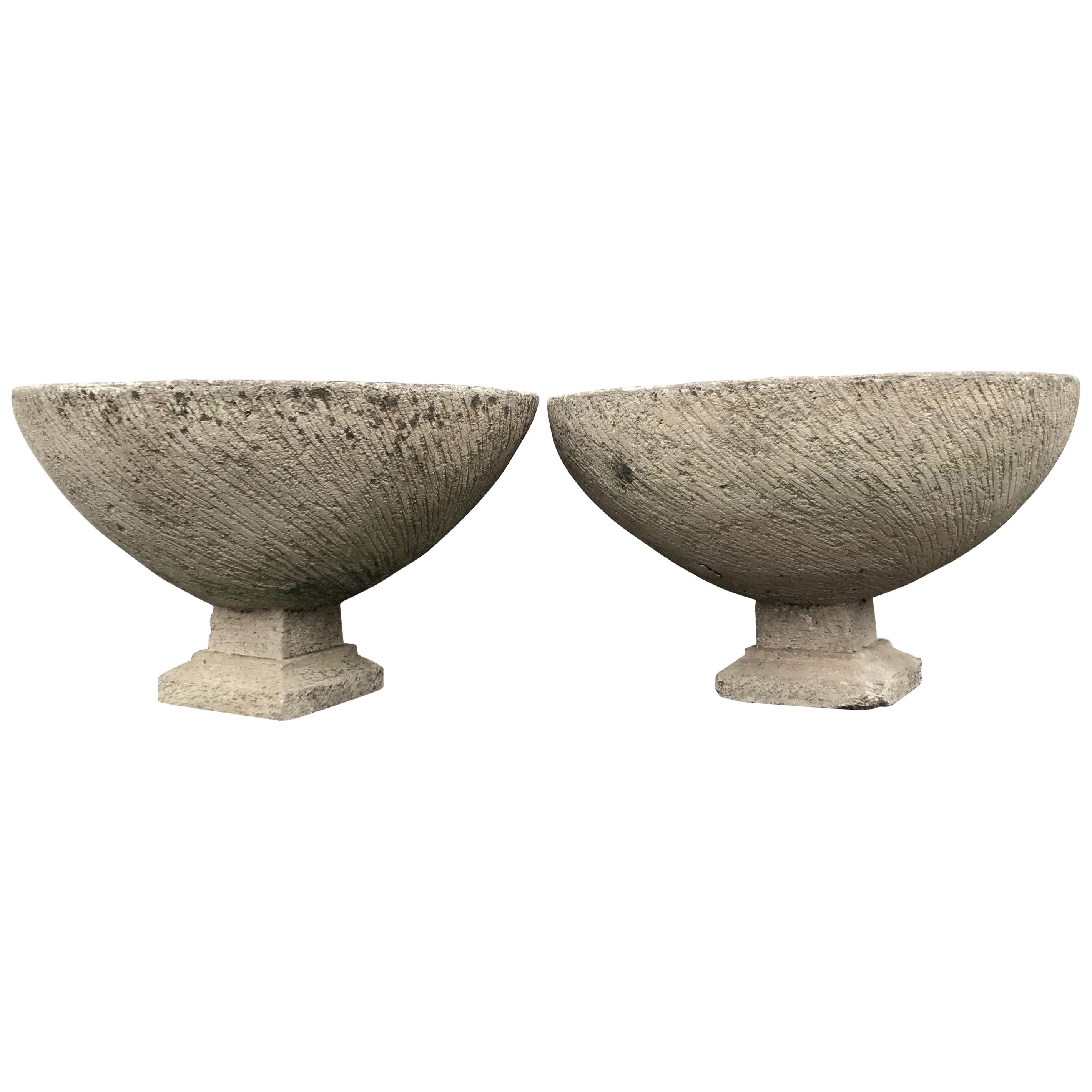 Pair of Large French Cast Stone Bowl Planters on Integral Feet #2