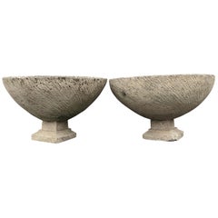 Pair of Large French Cast Stone Bowl Planters on Integral Feet #2