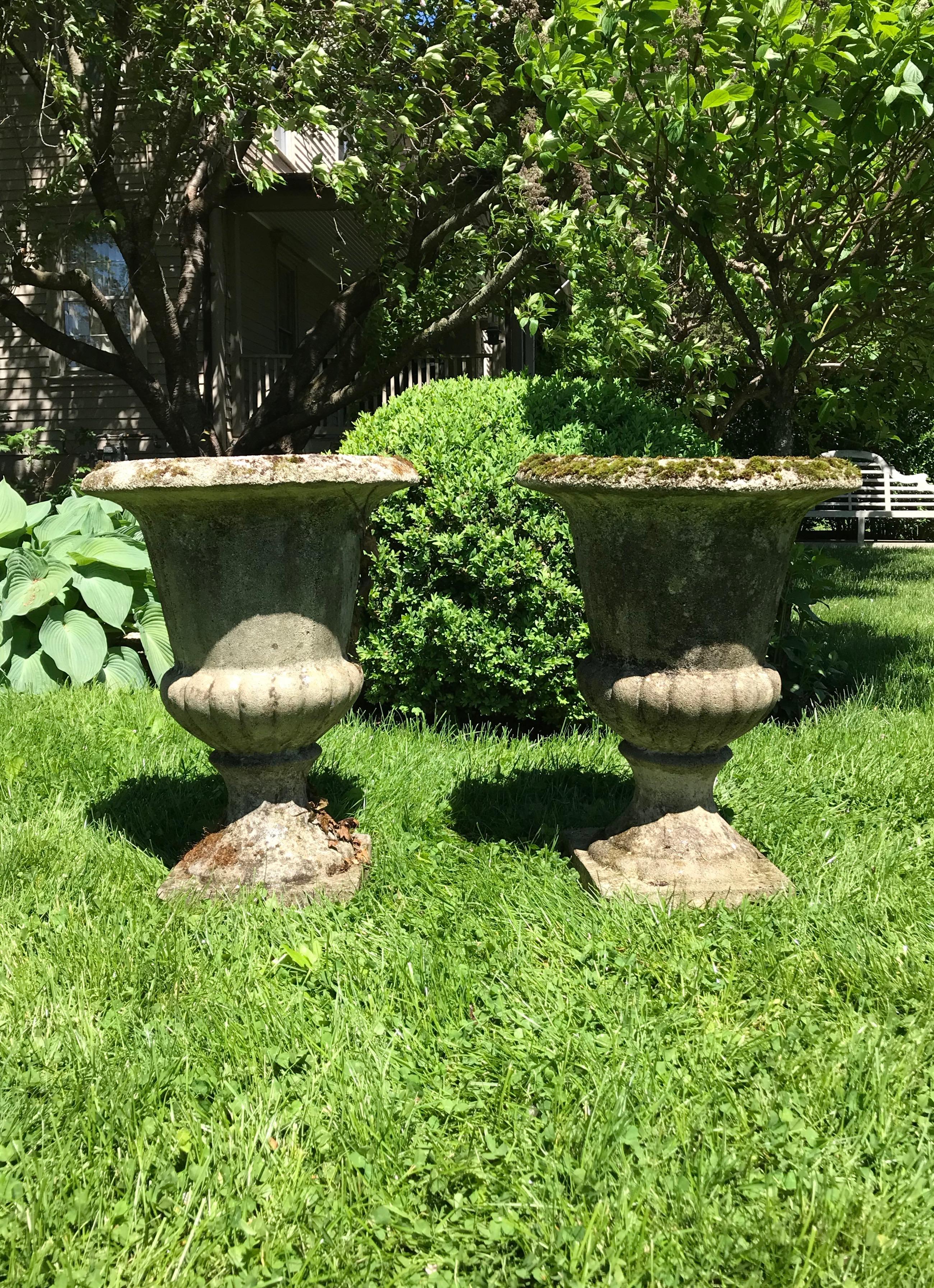 Pair of Large French Cast Stone Campana Urns In Good Condition In Woodbury, CT