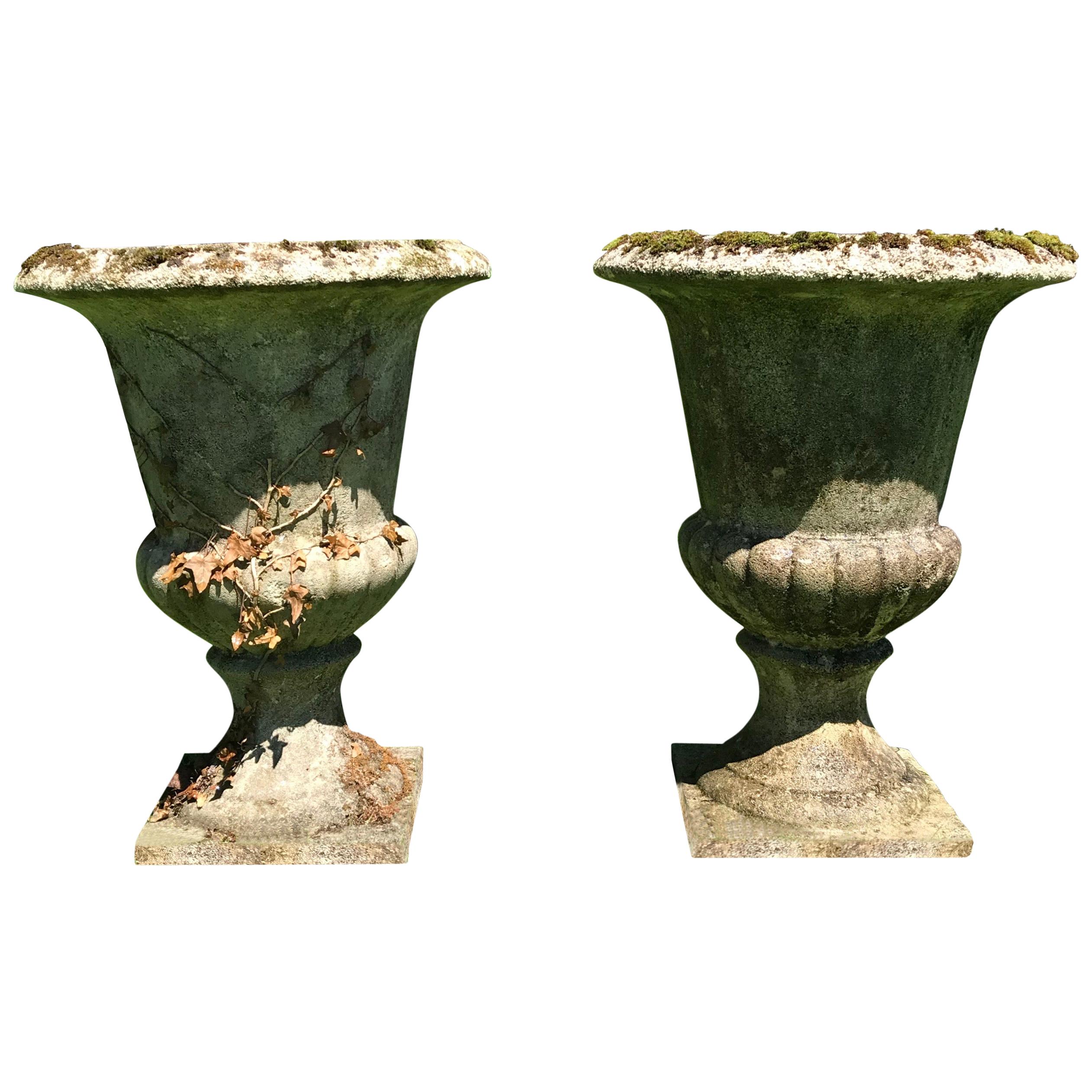 Pair of Large French Cast Stone Campana Urns