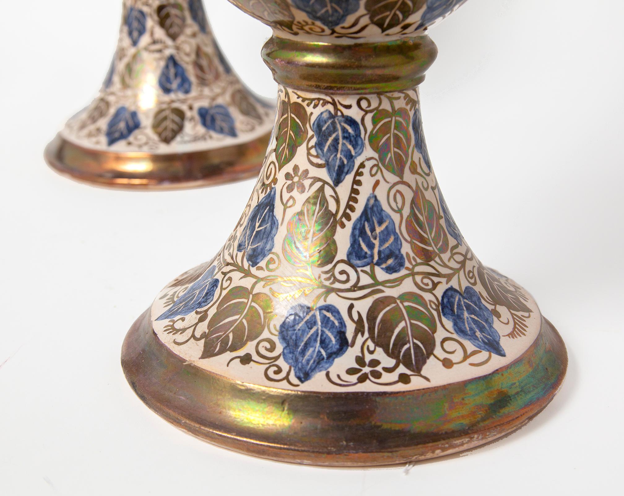 Hand-Painted Pair of Large French Ceramic Art Nouveau Vases Hand Painted