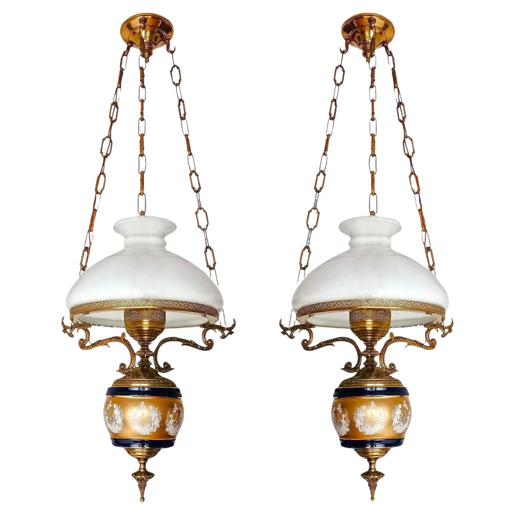 Pair of Large French Chandelier Oil Lamp in Blue & Gold Porcelain & Gilt Bronze