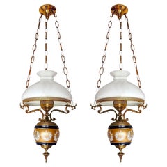 Retro Pair of Large French Chandelier Oil Lamp in Blue & Gold Porcelain & Gilt Bronze
