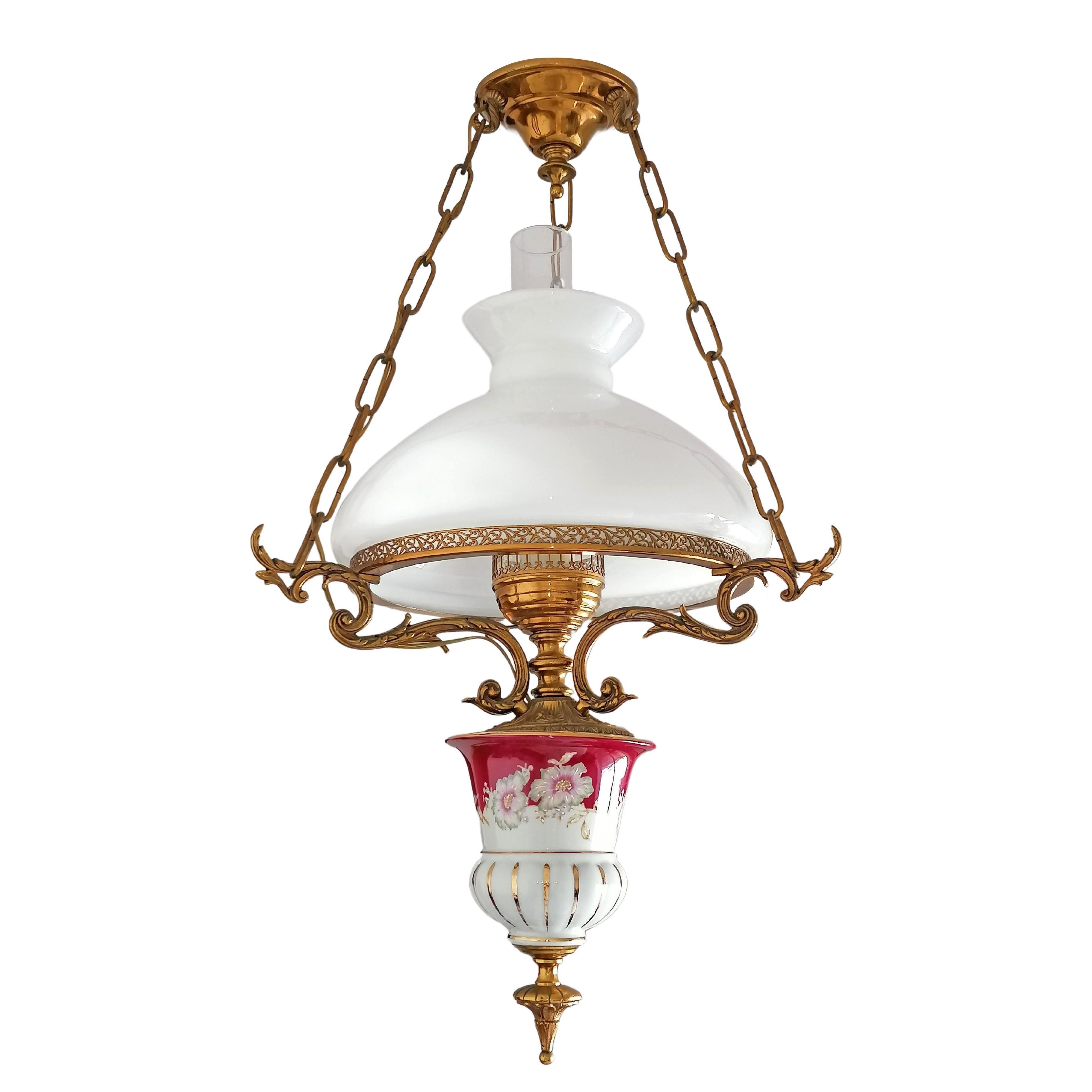 Art Deco Pair of Large French Chandelier Oil Lamp in Red Pink Porcelain and Gilt Bronze For Sale