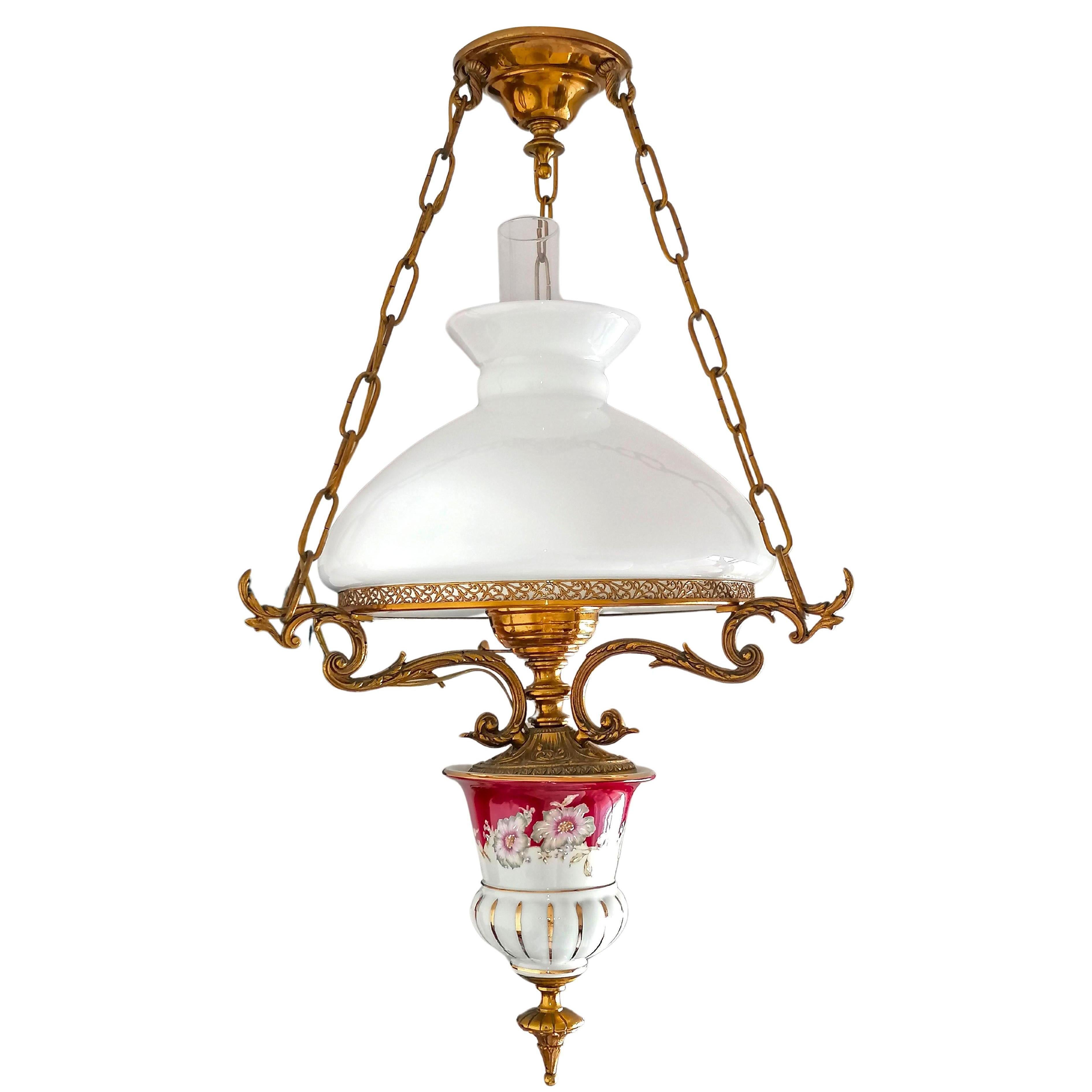 Art Deco Pair of Large French Chandelier Oil Lamp in Red Pink Porcelain and Gilt Bronze For Sale