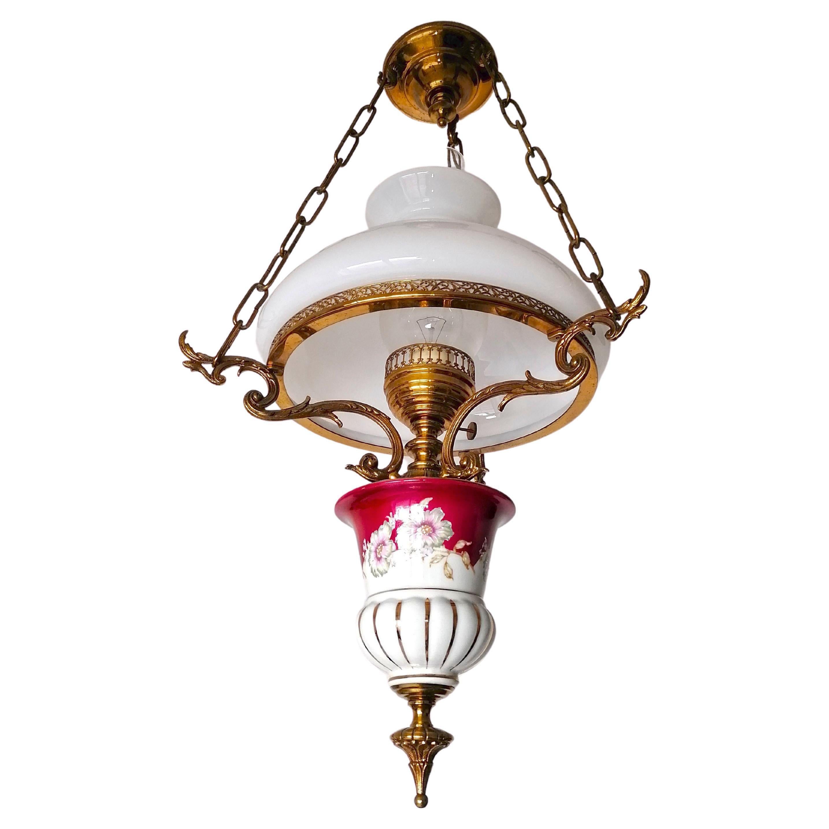 20th Century Pair of Large French Chandelier Oil Lamp in Red Pink Porcelain and Gilt Bronze For Sale