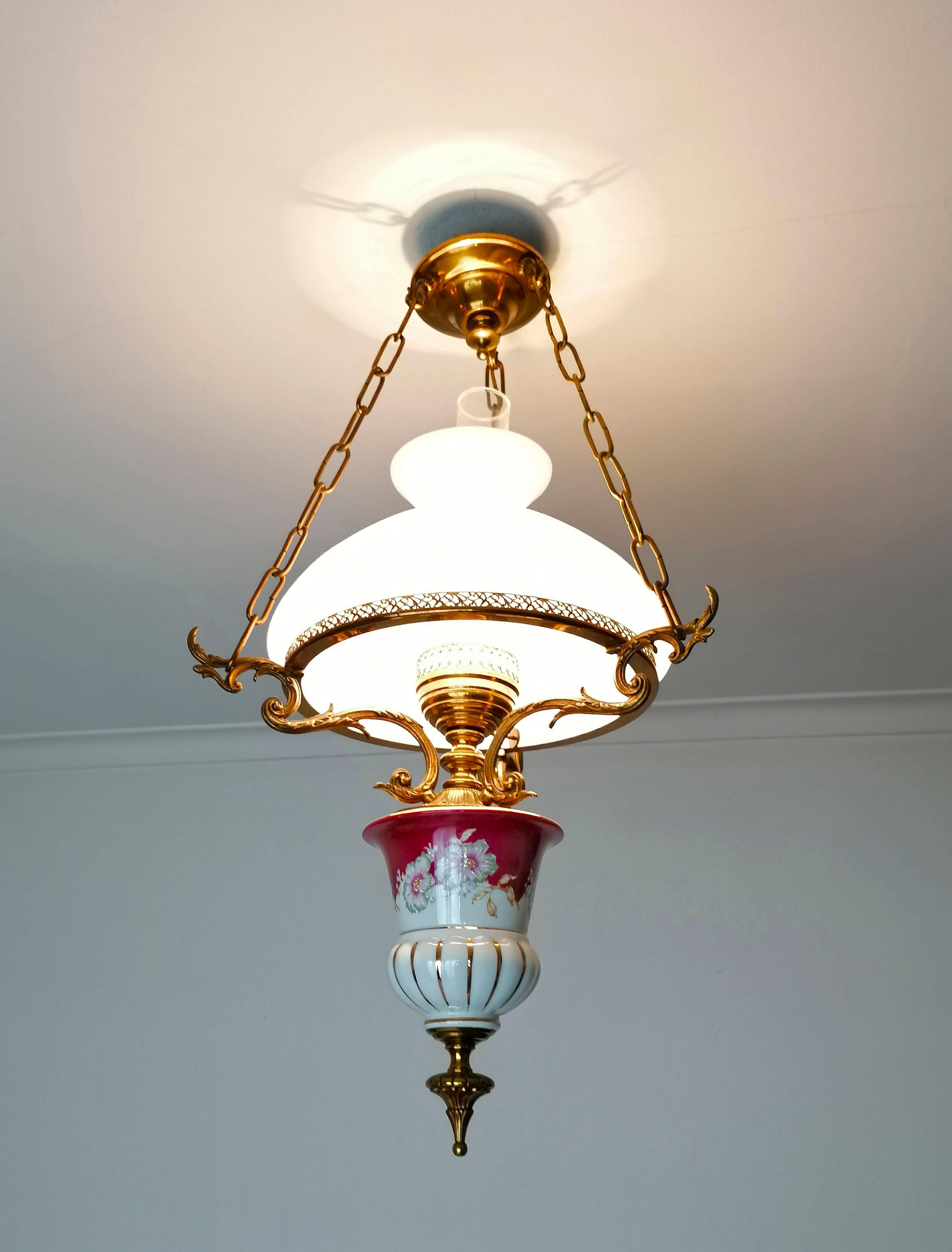 Brass Pair of Large French Chandelier Oil Lamp in Red Pink Porcelain and Gilt Bronze For Sale