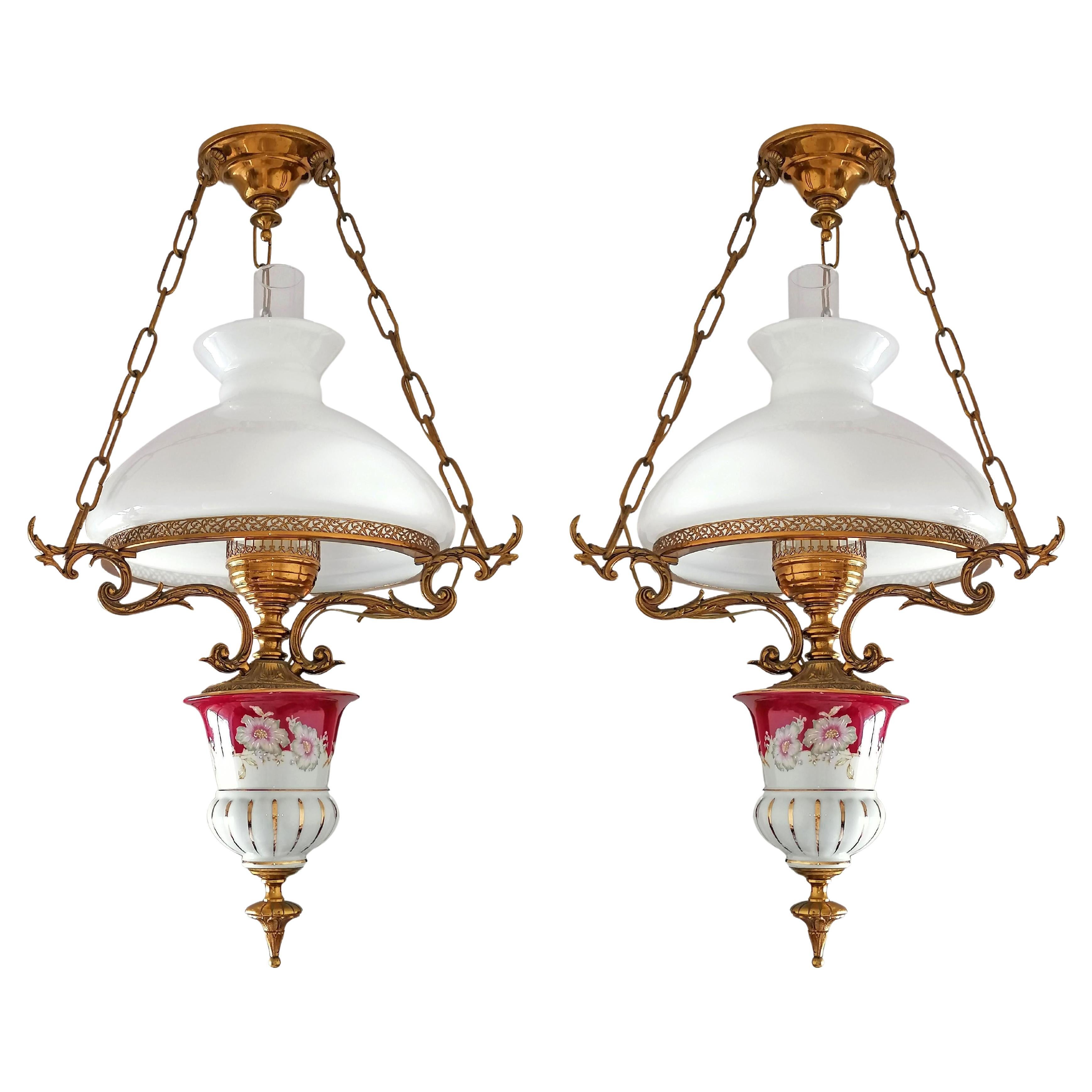 Pair of Large French Chandelier Oil Lamp in Red Pink Porcelain and Gilt Bronze