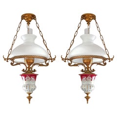Pair of Large French Chandelier Oil Lamp in Red Pink Porcelain and Gilt Bronze