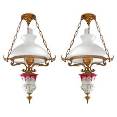 Antique Pair of Large French Chandelier Oil Lamp in Red Pink Porcelain and Gilt Bronze