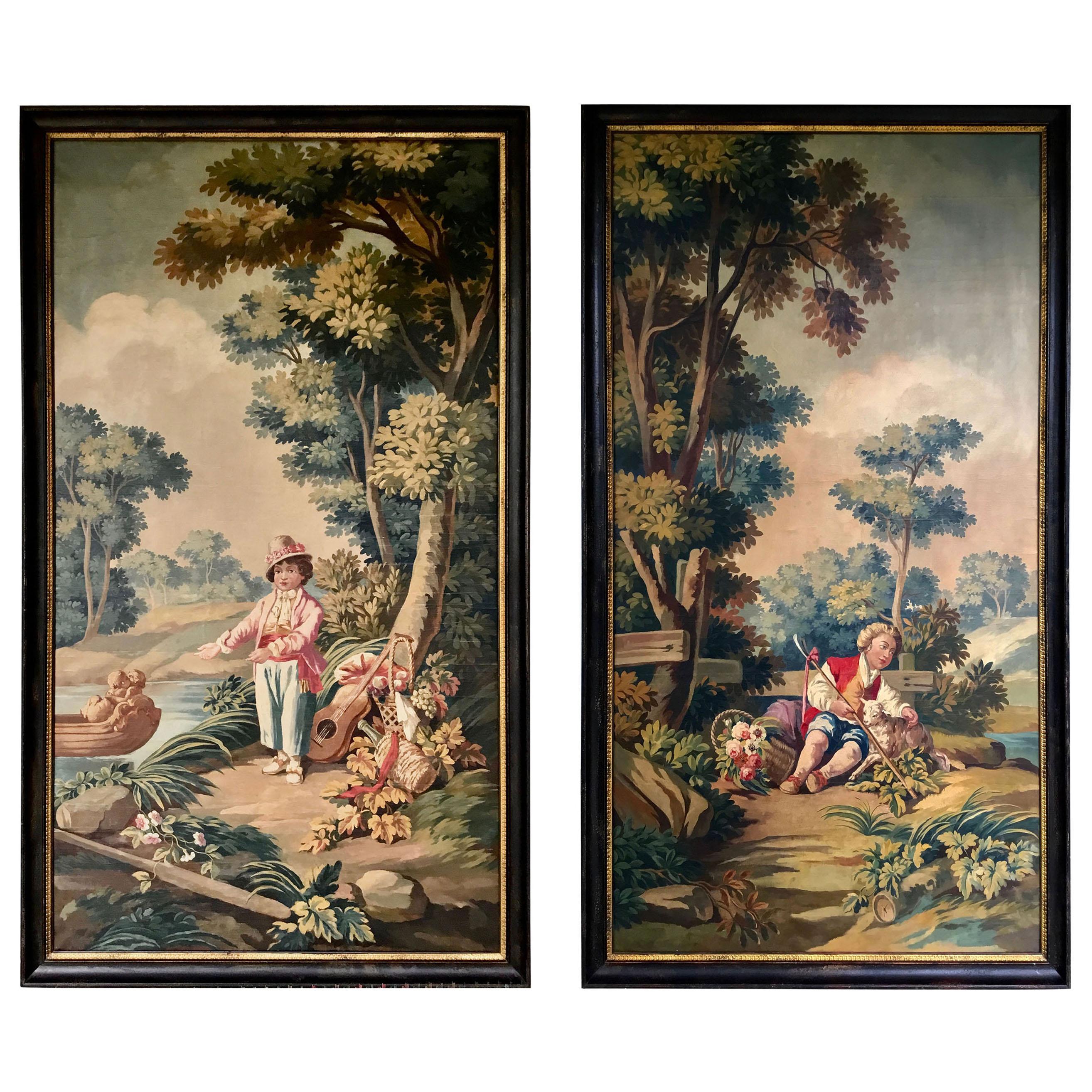 Pair of French Chateau Paintings of Children in a Garden Setting, 19th Century