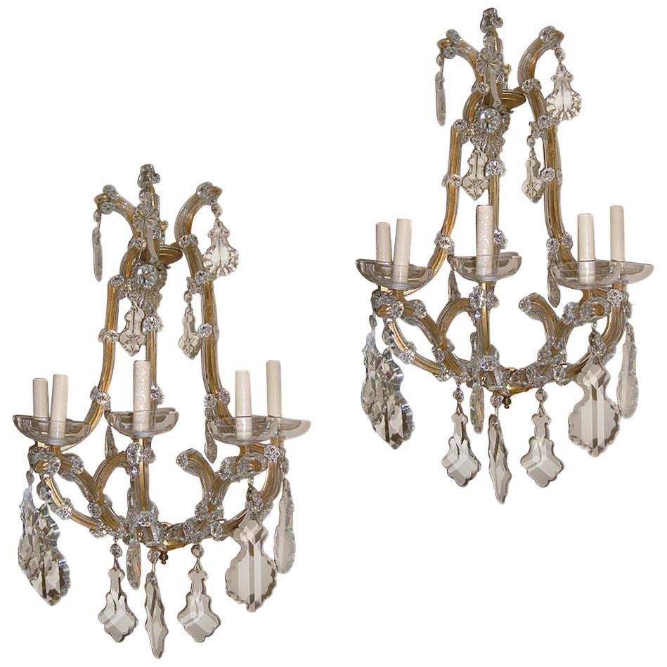 Pair of Large French Crystal Sconces For Sale