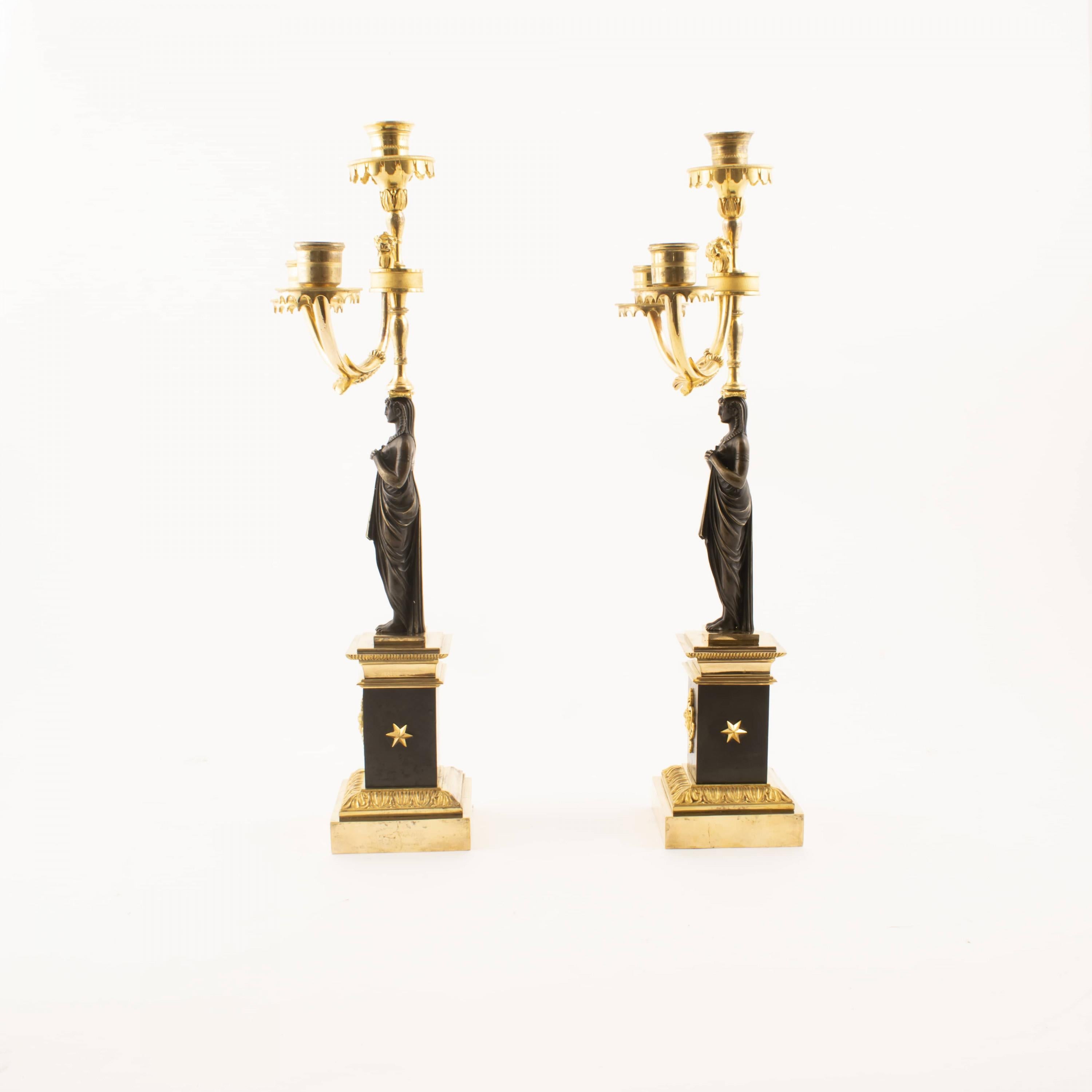 Pair of French Empire Candelabras. Women. Gilded And Patinated Bronze In Good Condition For Sale In Kastrup, DK