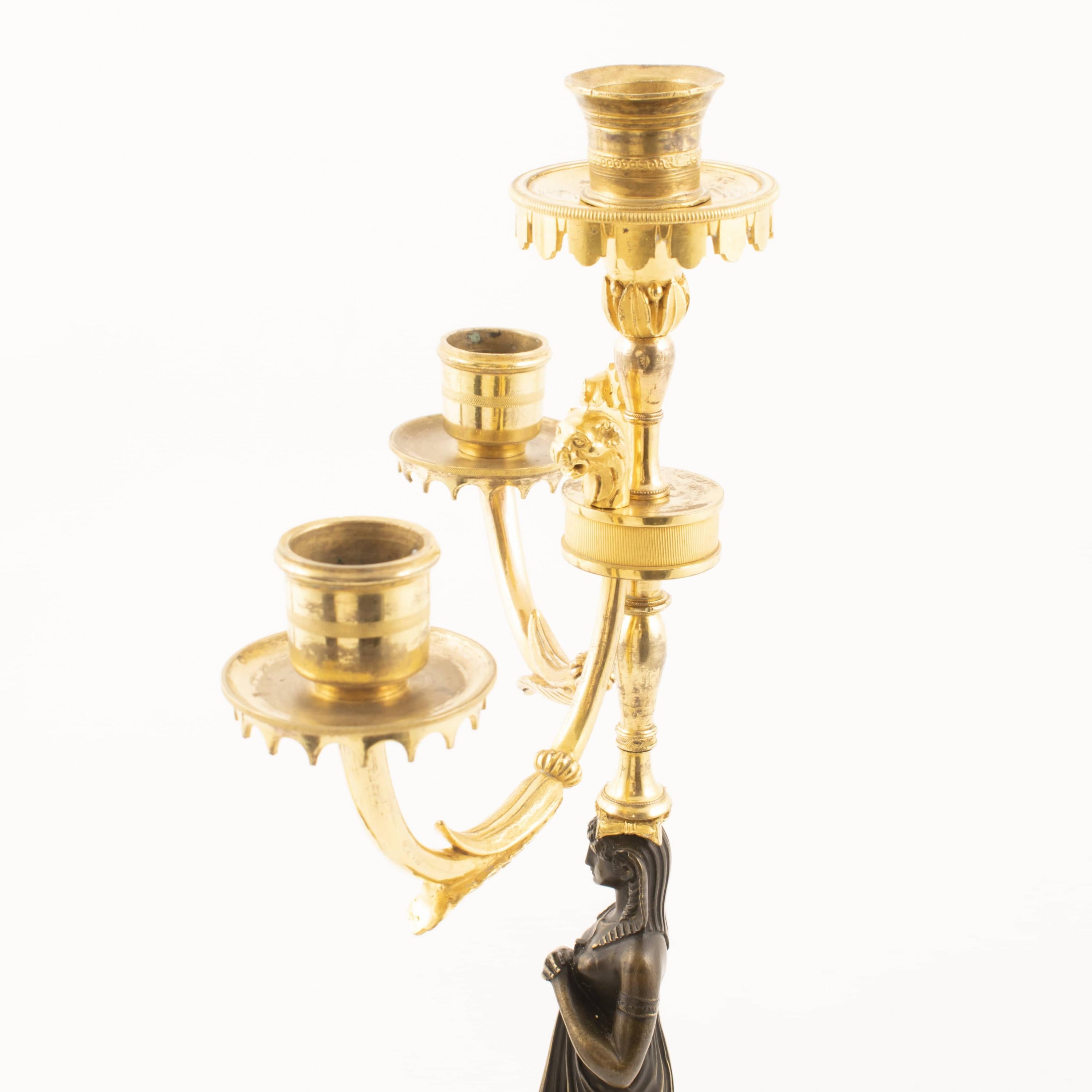 19th Century Pair of French Empire Candelabras. Women. Gilded And Patinated Bronze For Sale