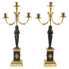 Pair of French Empire Candelabras. Women. Gilded And Patinated Bronze