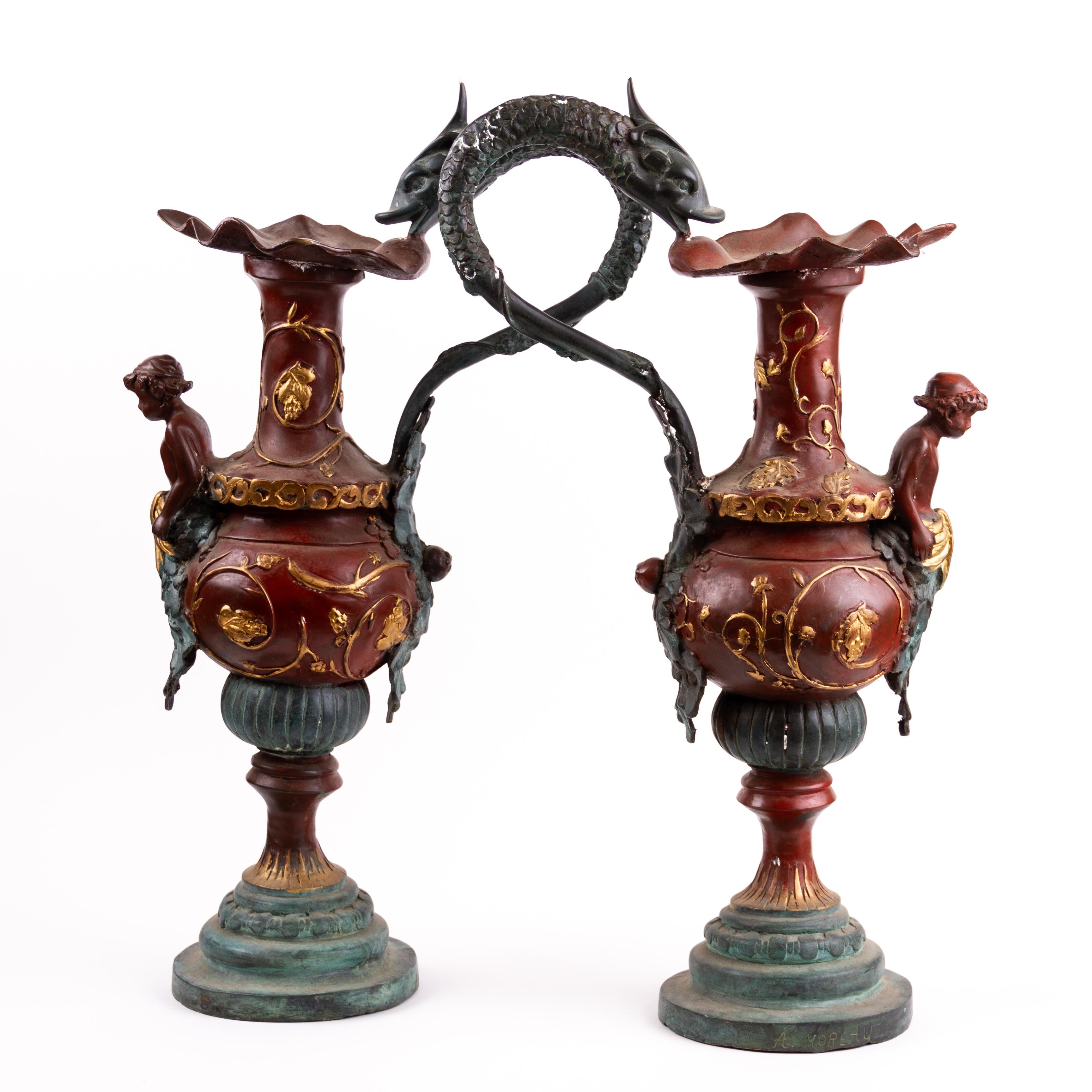 Coppia di grandi scope di bronzo figurate con manico di drago in stile Impero francese In condizioni buone in vendita a Nottingham, GB