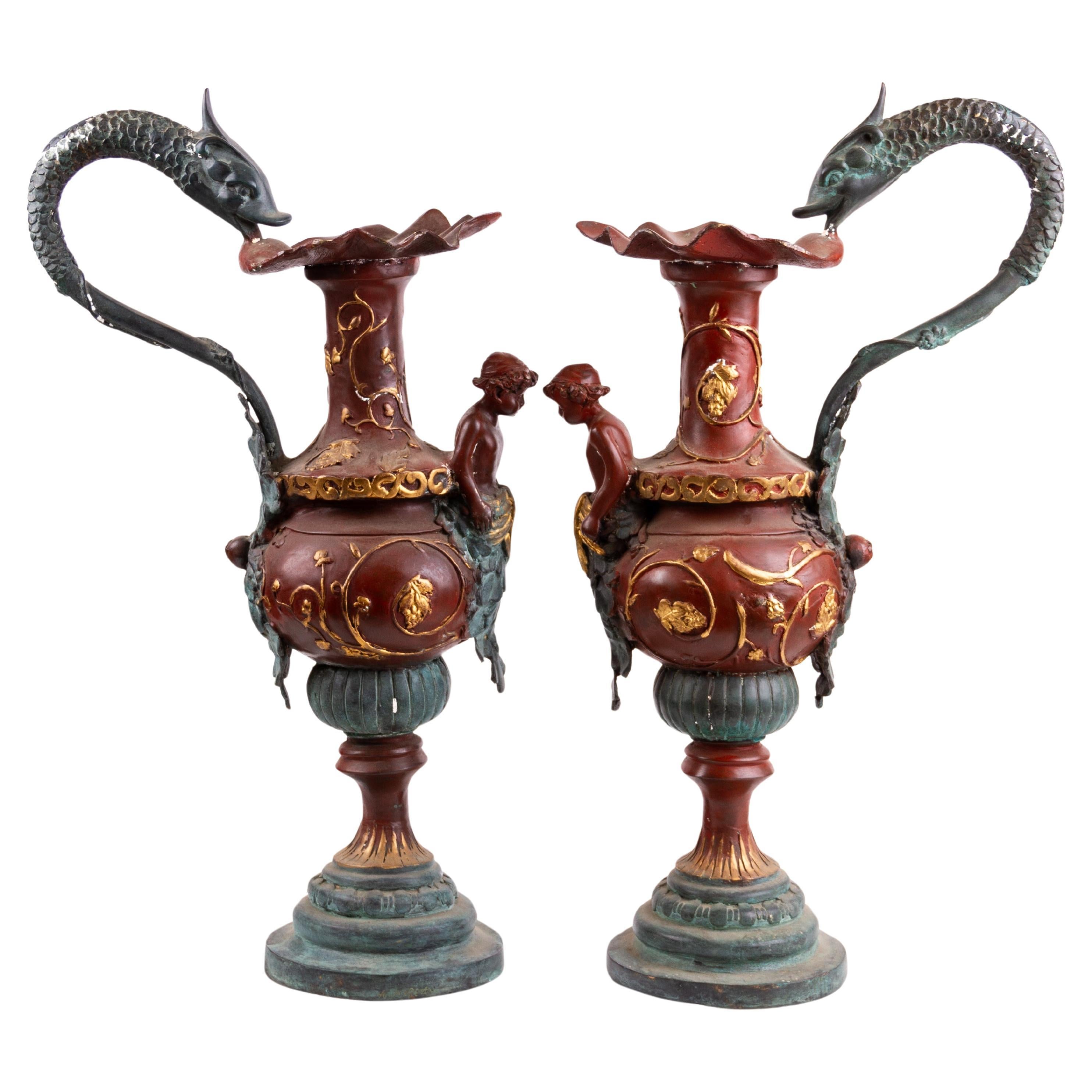 Pair of Large French Empire Style Dragon-Handled Figural Bronze Ewers 