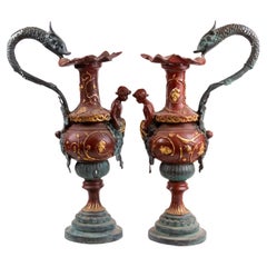 Antique Pair of Large French Empire Style Dragon-Handled Figural Bronze Ewers 