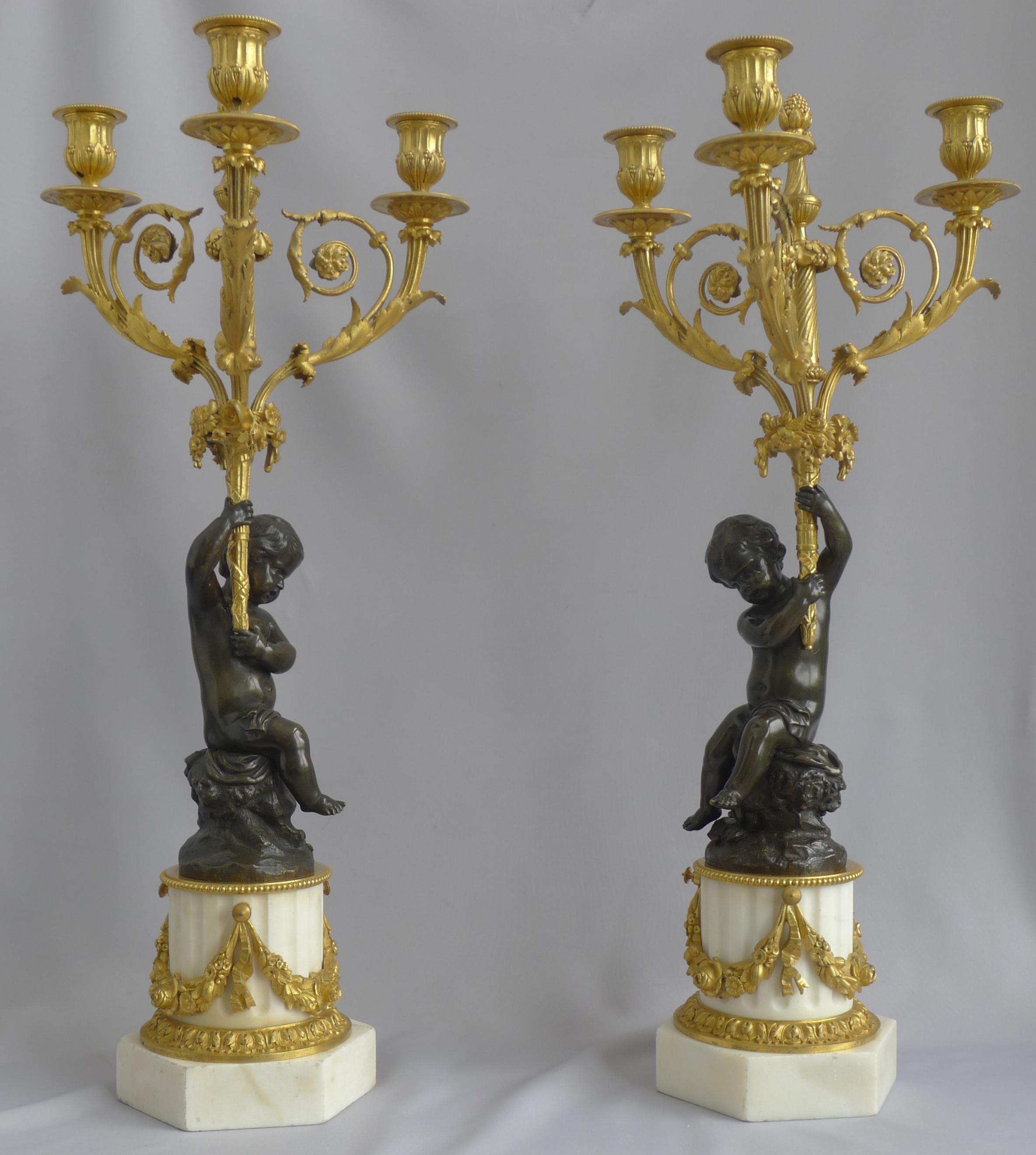 Gilt Pair of Large French Figural Candelabra in Patinated Bronze, Ormolu and White Ma For Sale