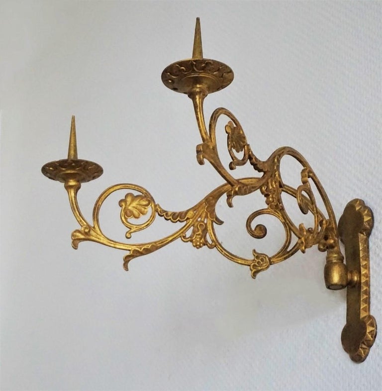 Pair of Large French Gilt Bronze Church TwoArm Candle Sconces, Mid