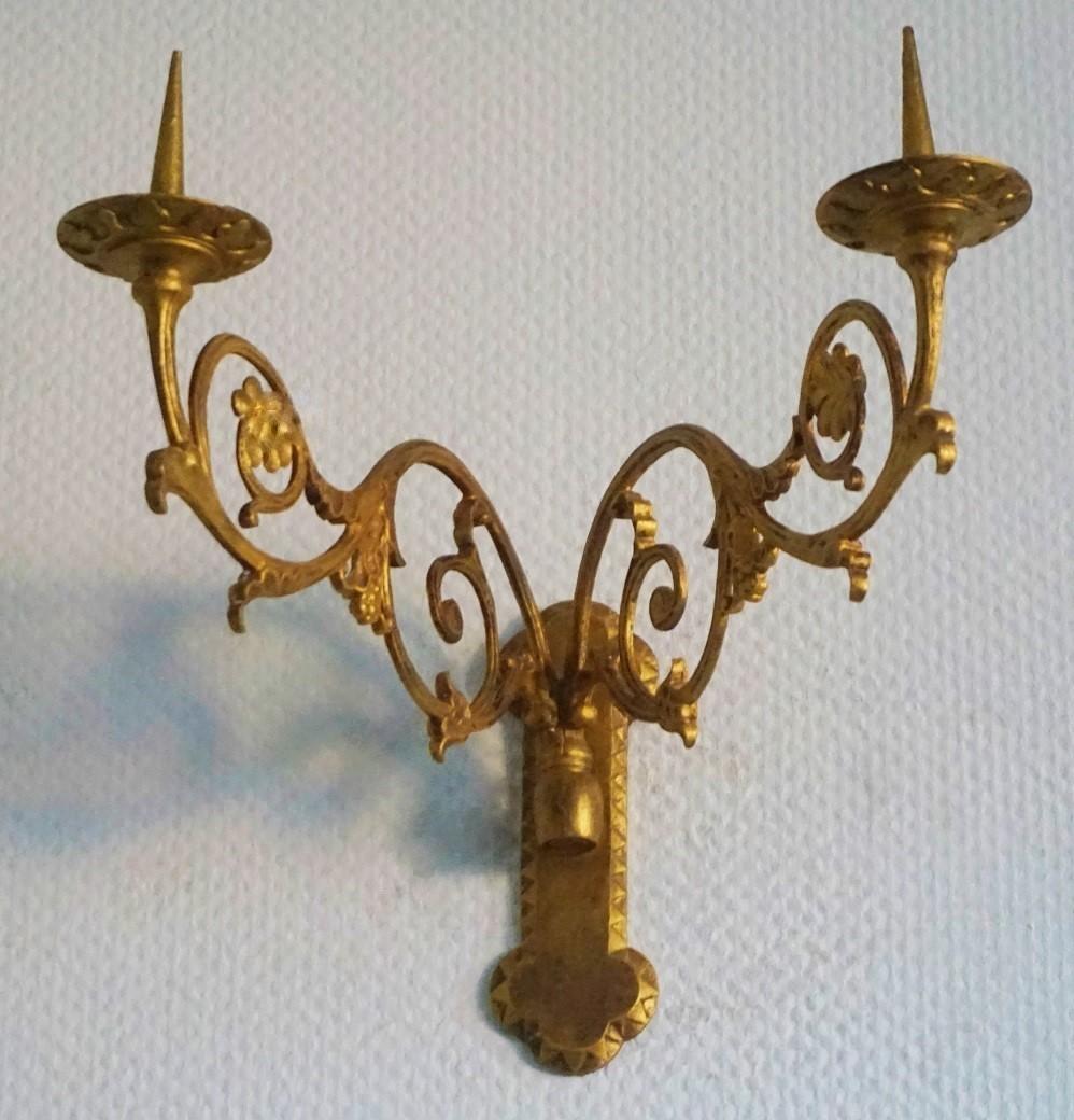 Pair of Large French Gilt Bronze Church Two-Arm Candle Sconces, Mid-19th Century For Sale 2