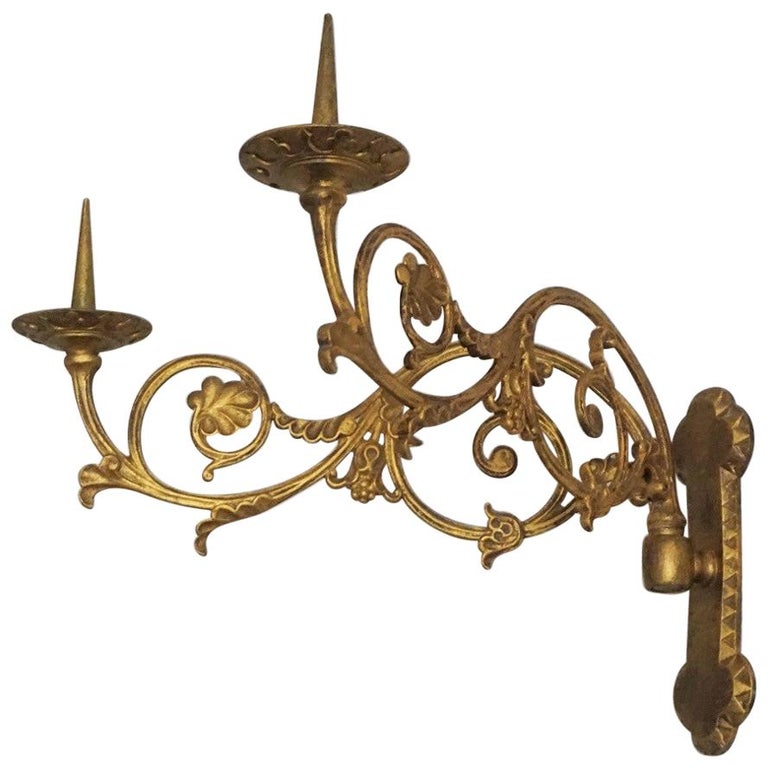 Pair of Large French Gilt Bronze Church TwoArm Candle Sconces, Mid
