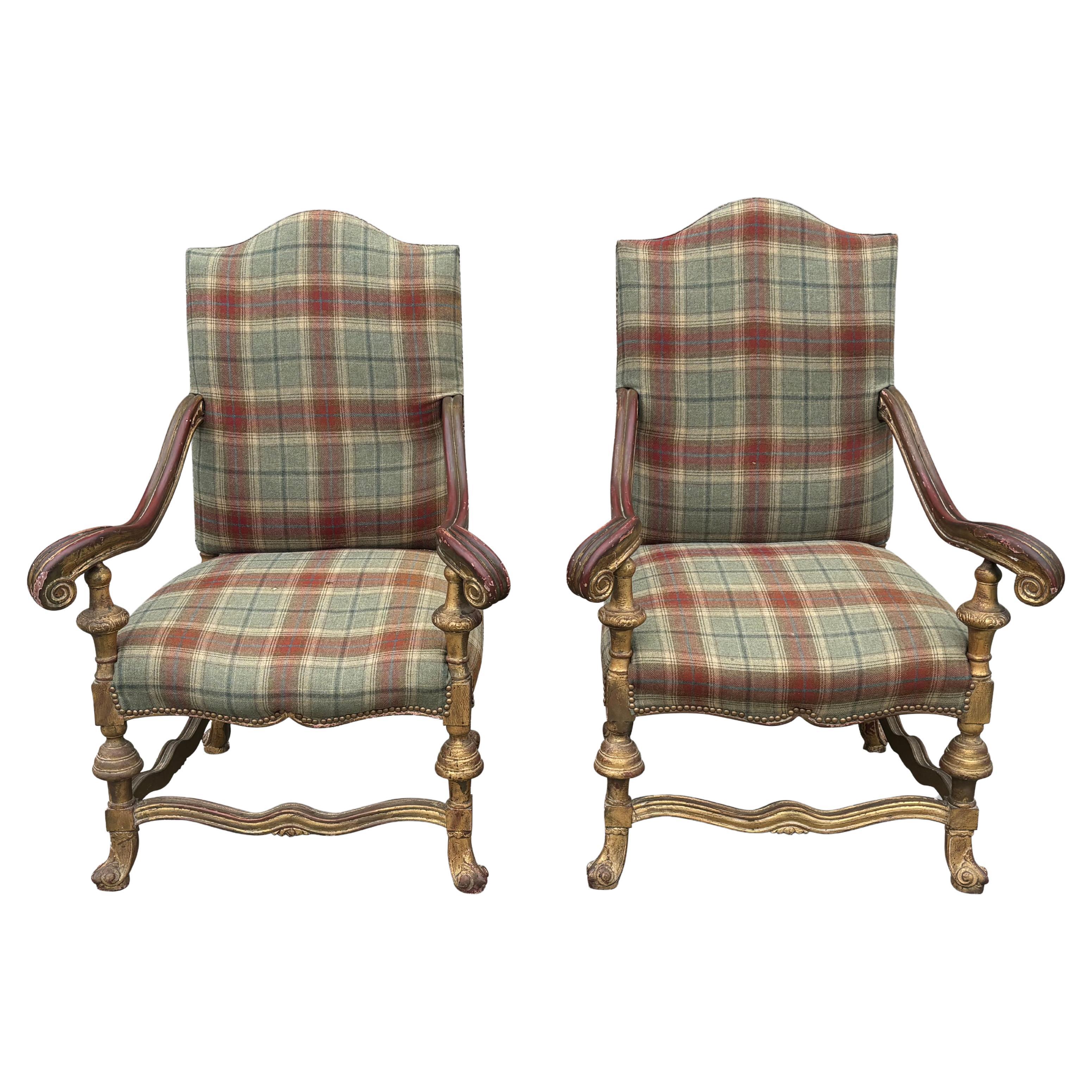 Pair of Large French Giltwood Throne Armchairs