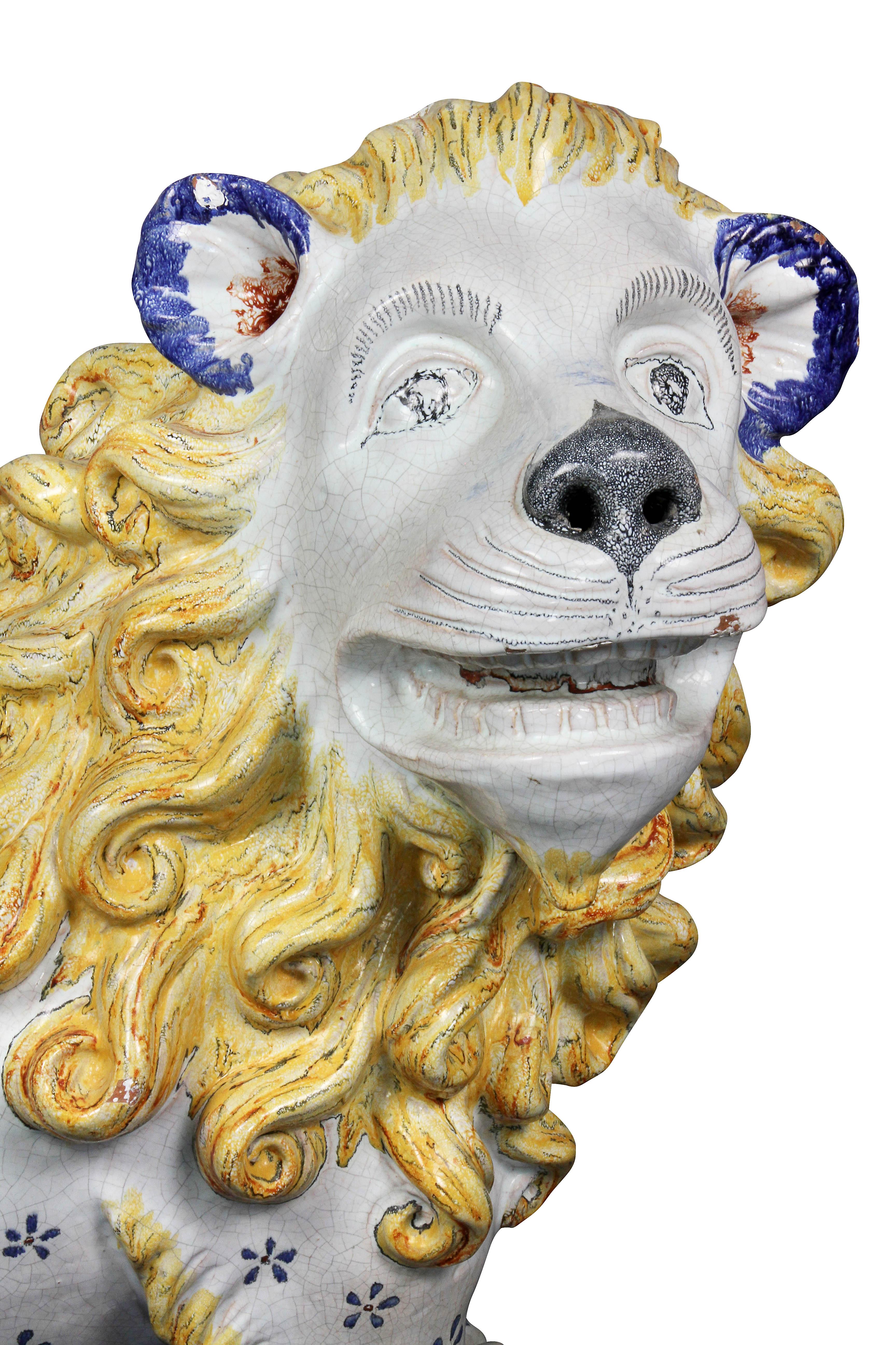 Pair of Large French Glazed Pottery Lions In Good Condition In Essex, MA