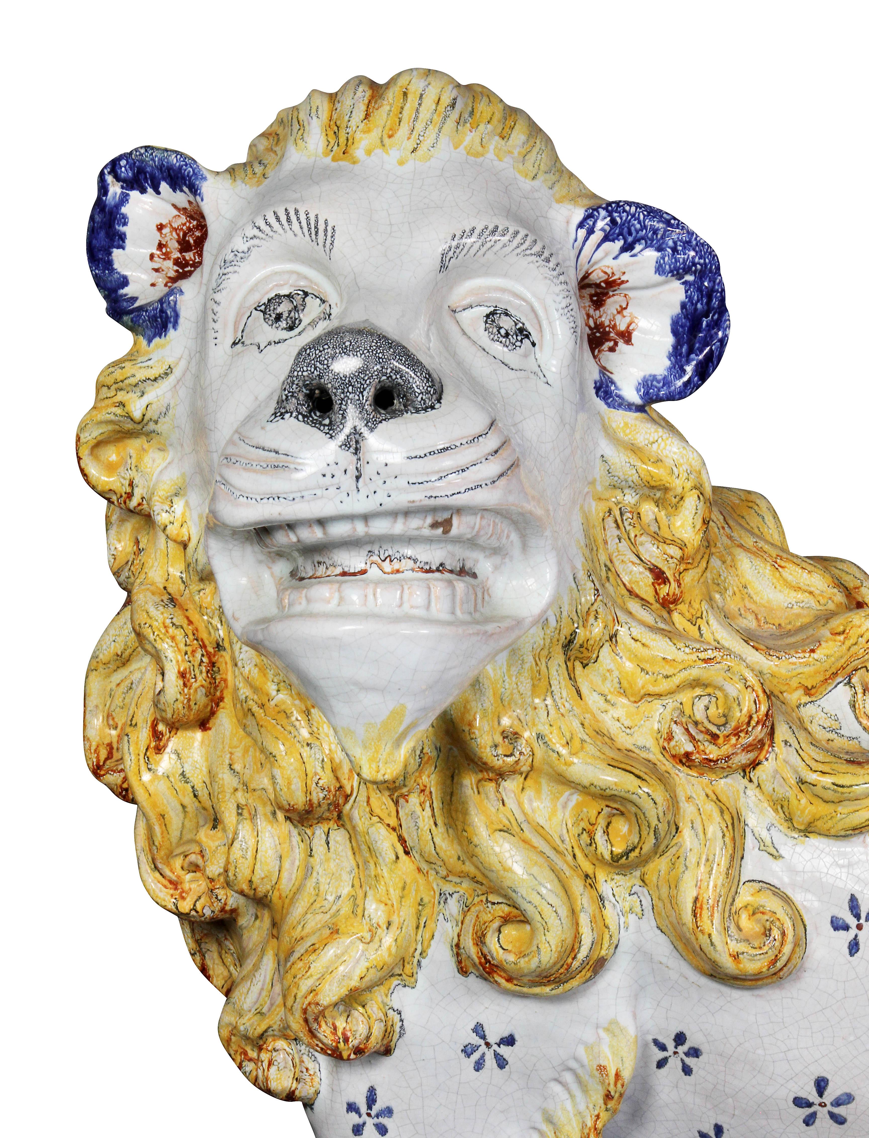 19th Century Pair of Large French Glazed Pottery Lions