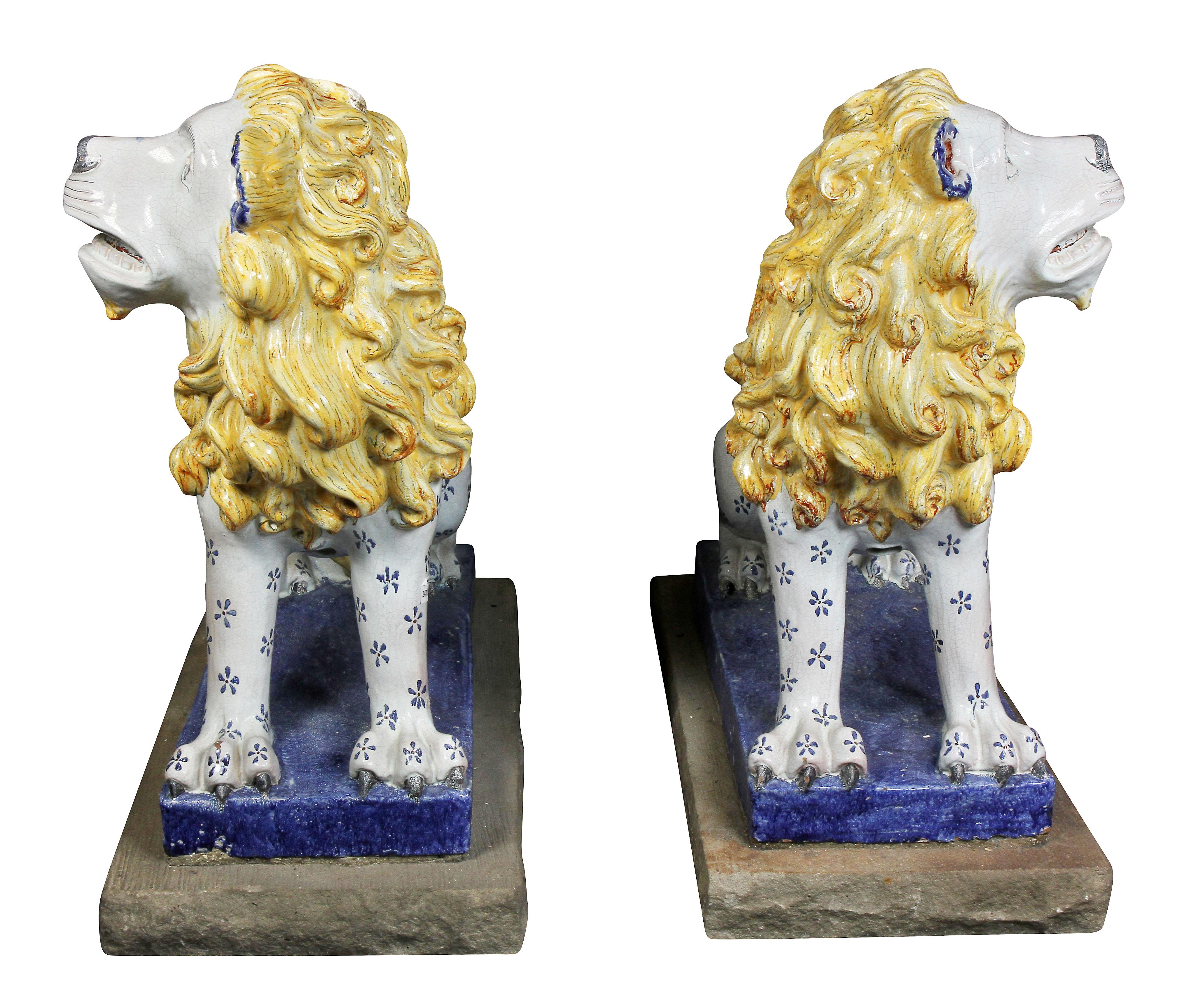 Pair of Large French Glazed Pottery Lions 1